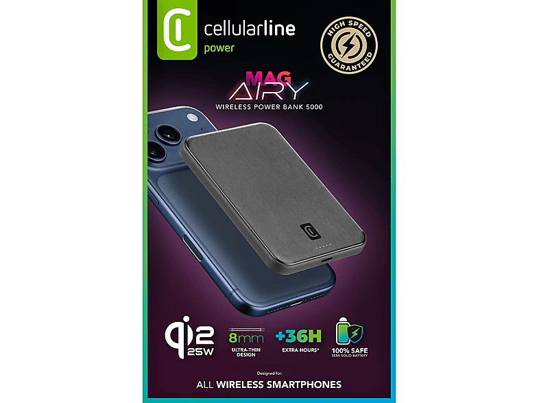 Powerbank - CellularLine Mag Airy Qi2, 5000 mAh, Inalámbrico, 25 W, USB C, MagSafe, Negro – imagen 2