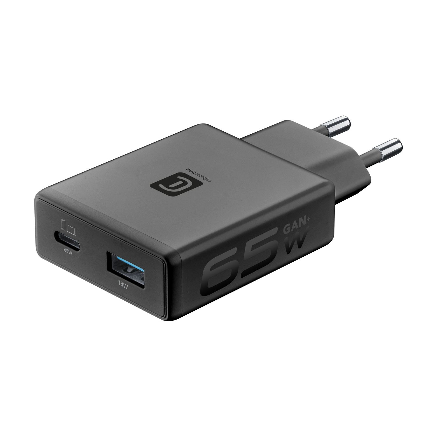 Cargador negro GAN+ de 65W y 18W USB con enchufe europeo.
