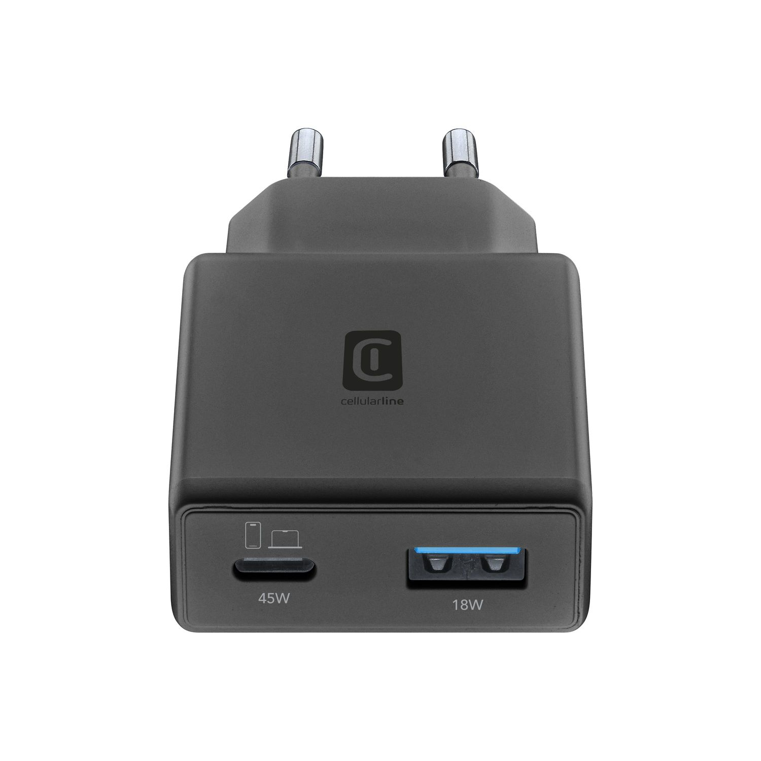 Un adaptador de corriente negro con dos puertos USB y clavijas plegables.