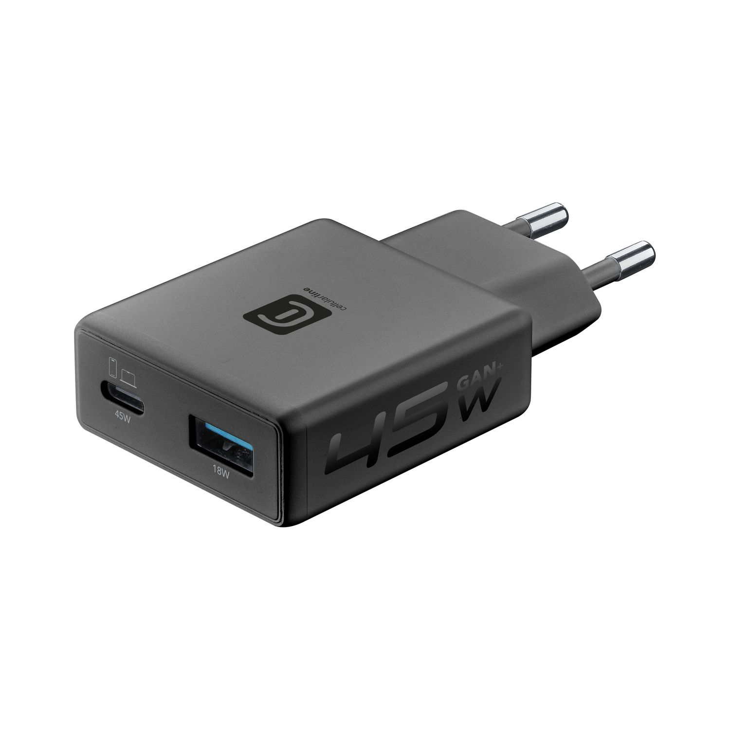Cargador USB-C negro con 2 puertos y tecnología GAN+.
