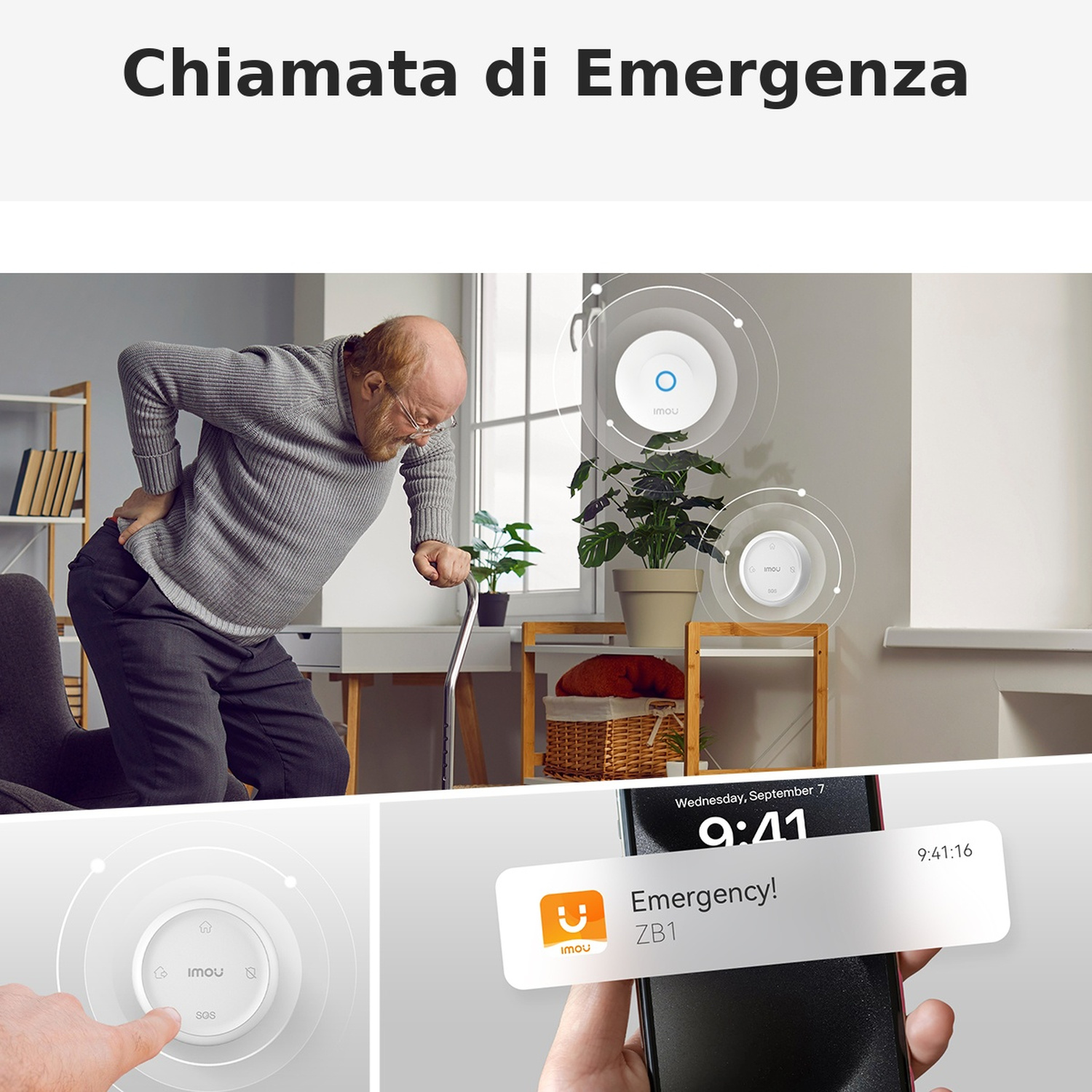Un anziano si tiene la schiena. Un allarme di emergenza è mostrato su un telefono.