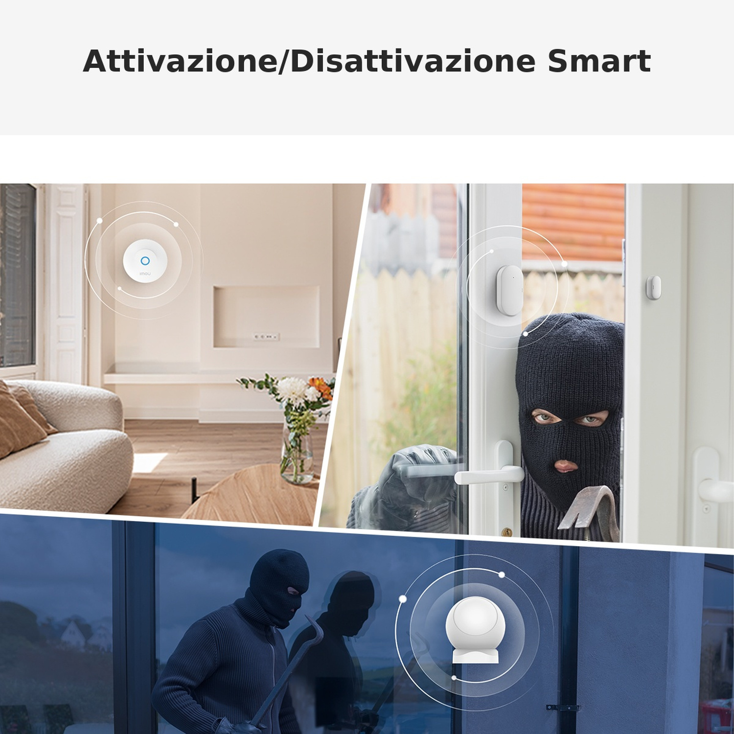 Un ladro tenta di entrare in casa. Interno con divano e fiori.