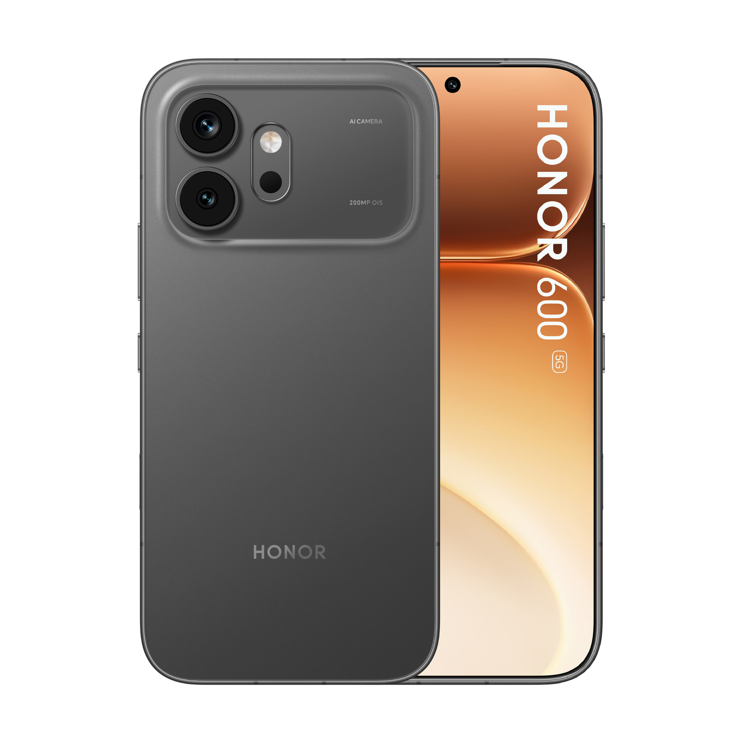 Smartphone grigio HONOR 600 5G con doppia fotocamera e logo HONOR.