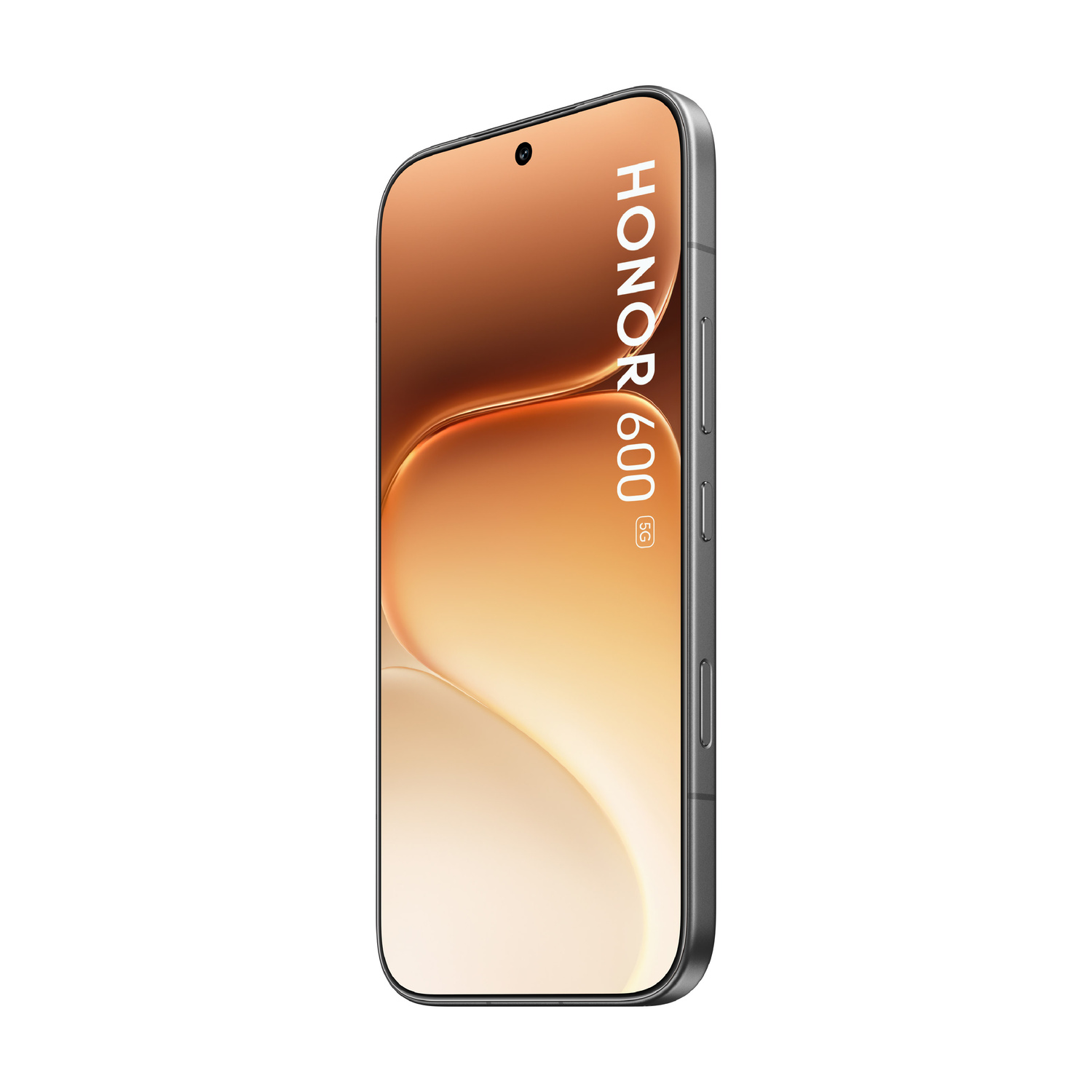 Uno smartphone Honor 600 5G argentato con un gradiente dorato sullo schermo.