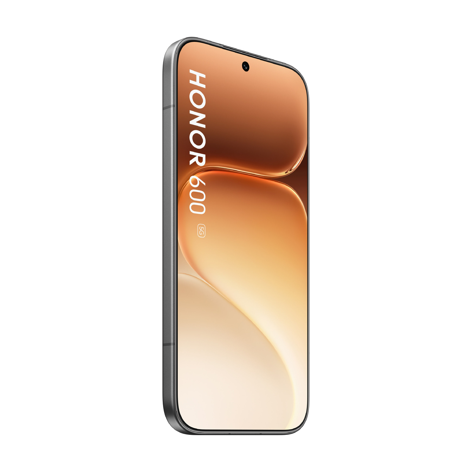 Uno smartphone grigio mostra HONOR 600 5G sul suo schermo.