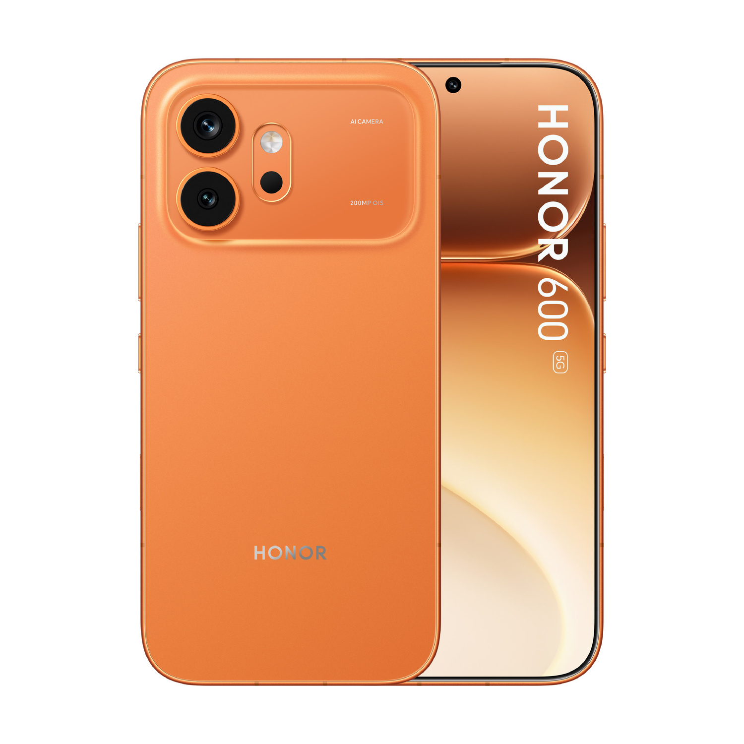 Telefono Honor 600 5G arancione con doppia fotocamera posteriore.