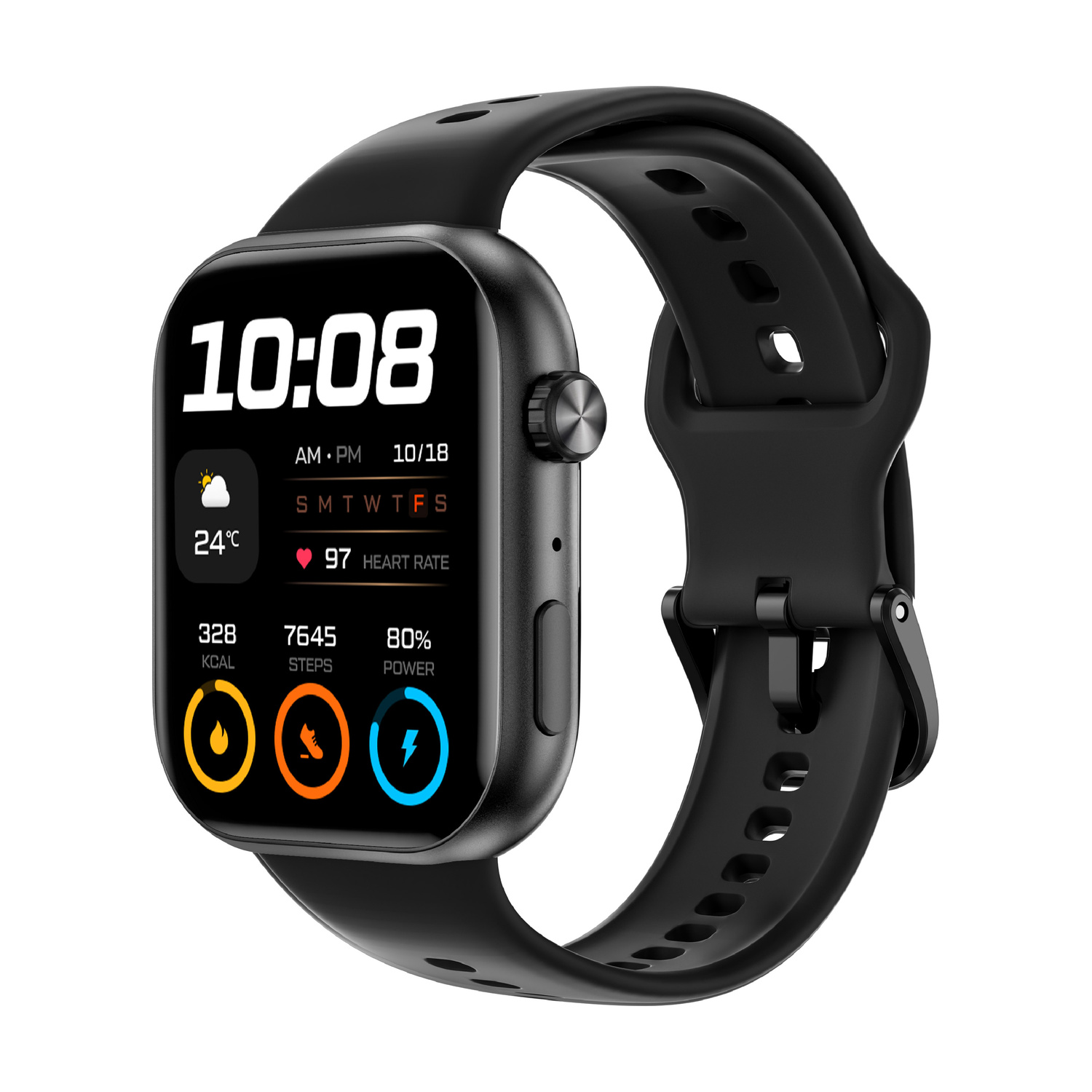 Smartwatch nero con display: ore 10:08, data 10/18, 24°C, 328 kcal, 7645 passi, 80% carica, 97 battiti.