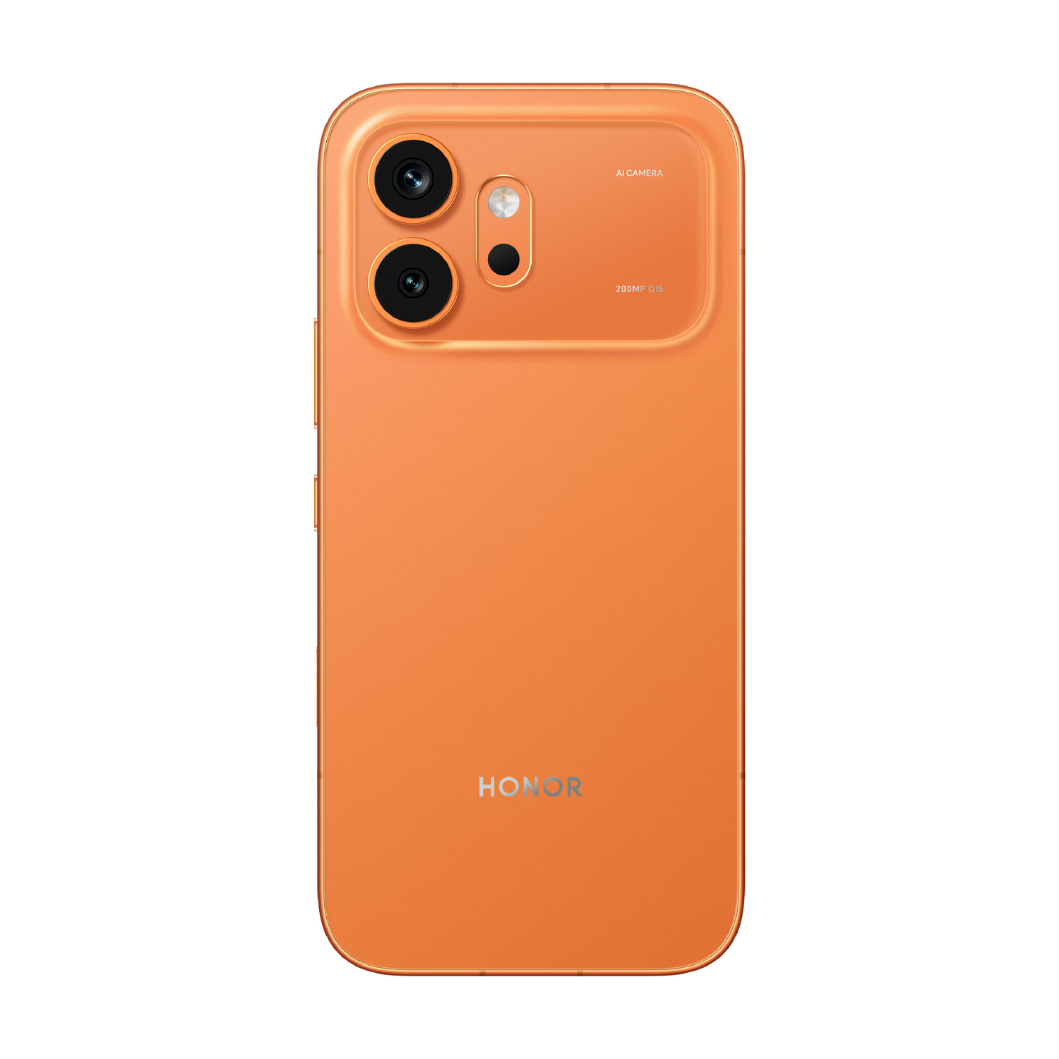 Smartphone arancione con doppia fotocamera e logo HONOR su sfondo bianco.