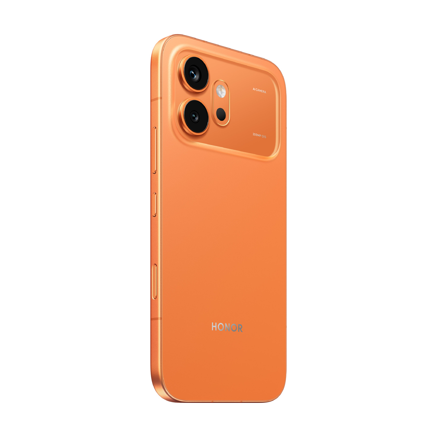 Smartphone arancione con modulo fotocamera e logo HONOR su sfondo bianco.