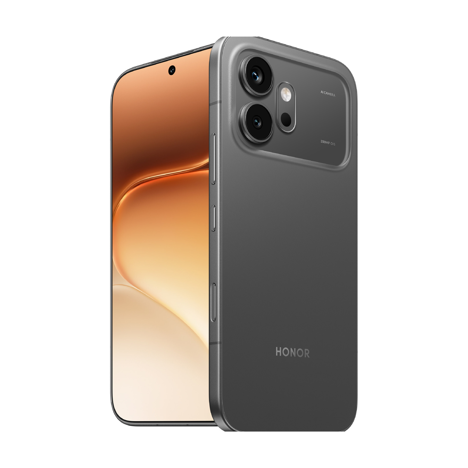 Uno smartphone Honor grigio con modulo tripla fotocamera e schermo a bassa apertura.