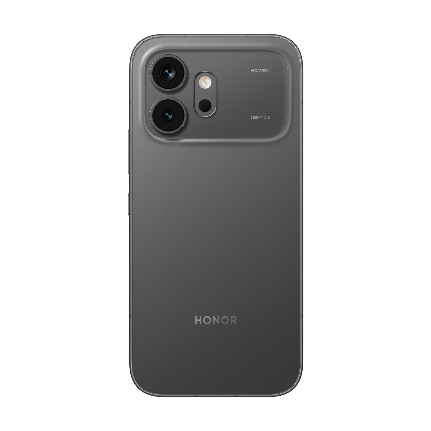 Retro di uno smartphone Honor grigio con doppia fotocamera e testo "AI CAMERA".