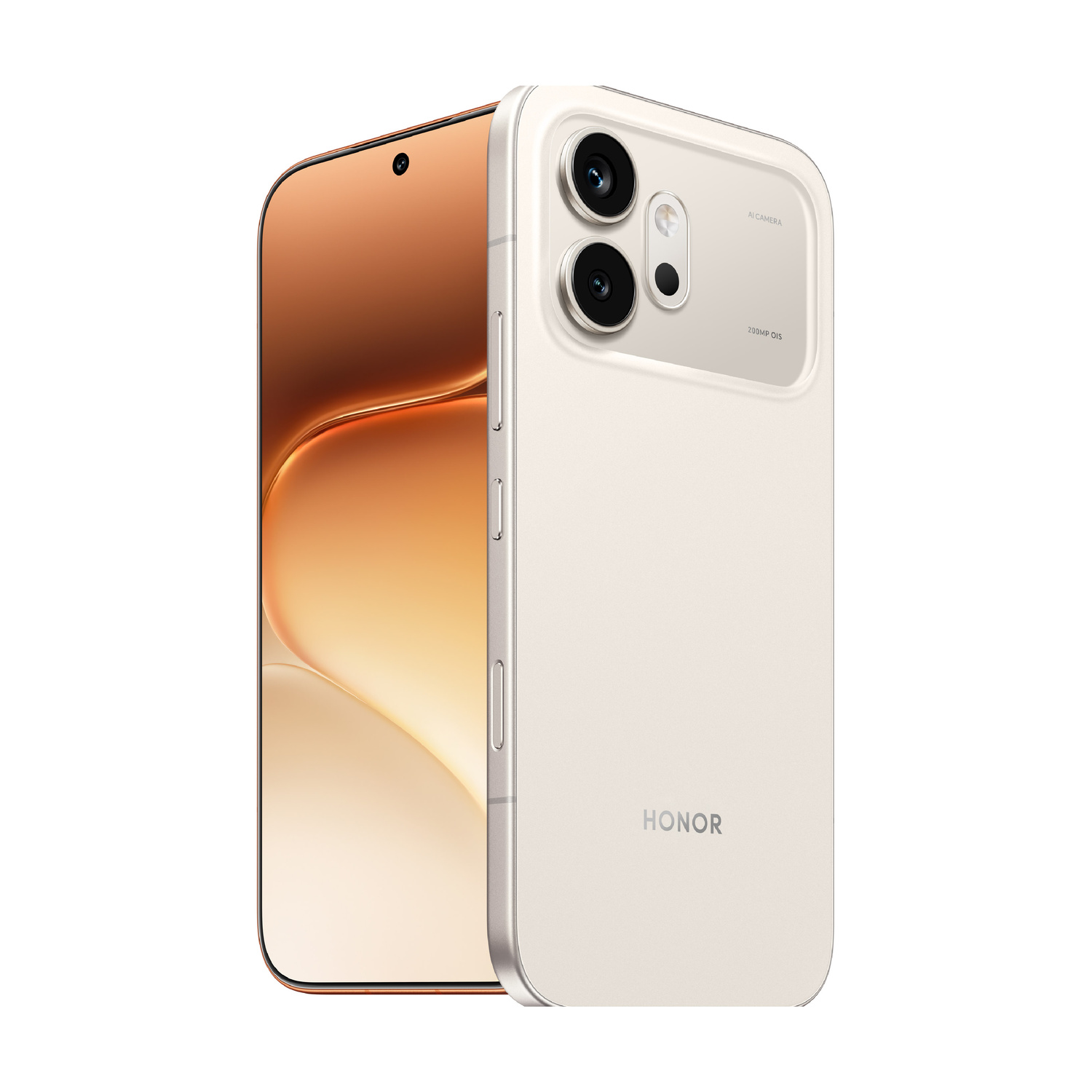 Uno smartphone Honor bianco con tripla fotocamera e schermo dorato.