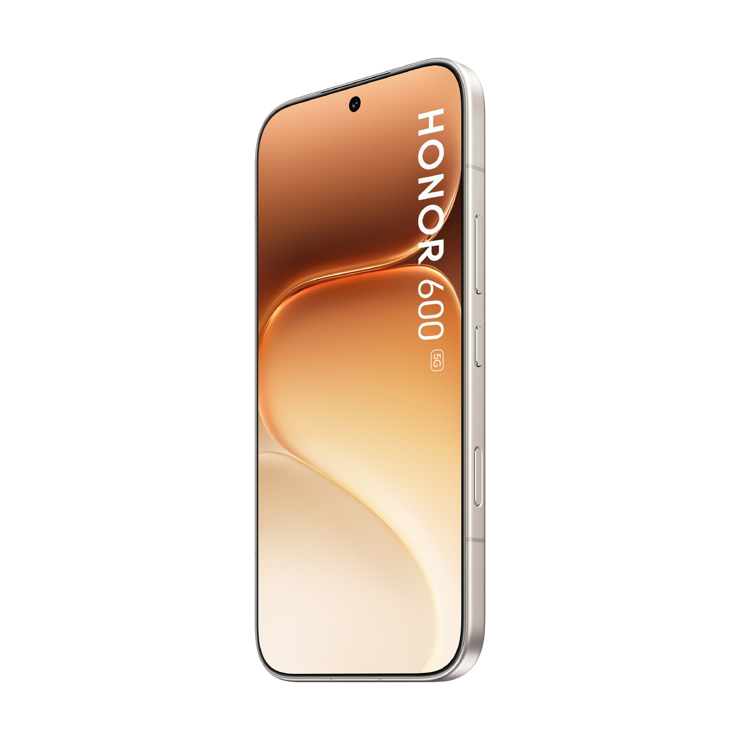 Uno smartphone Honor 600 5G argentato con una sfumatura dorata sullo schermo.