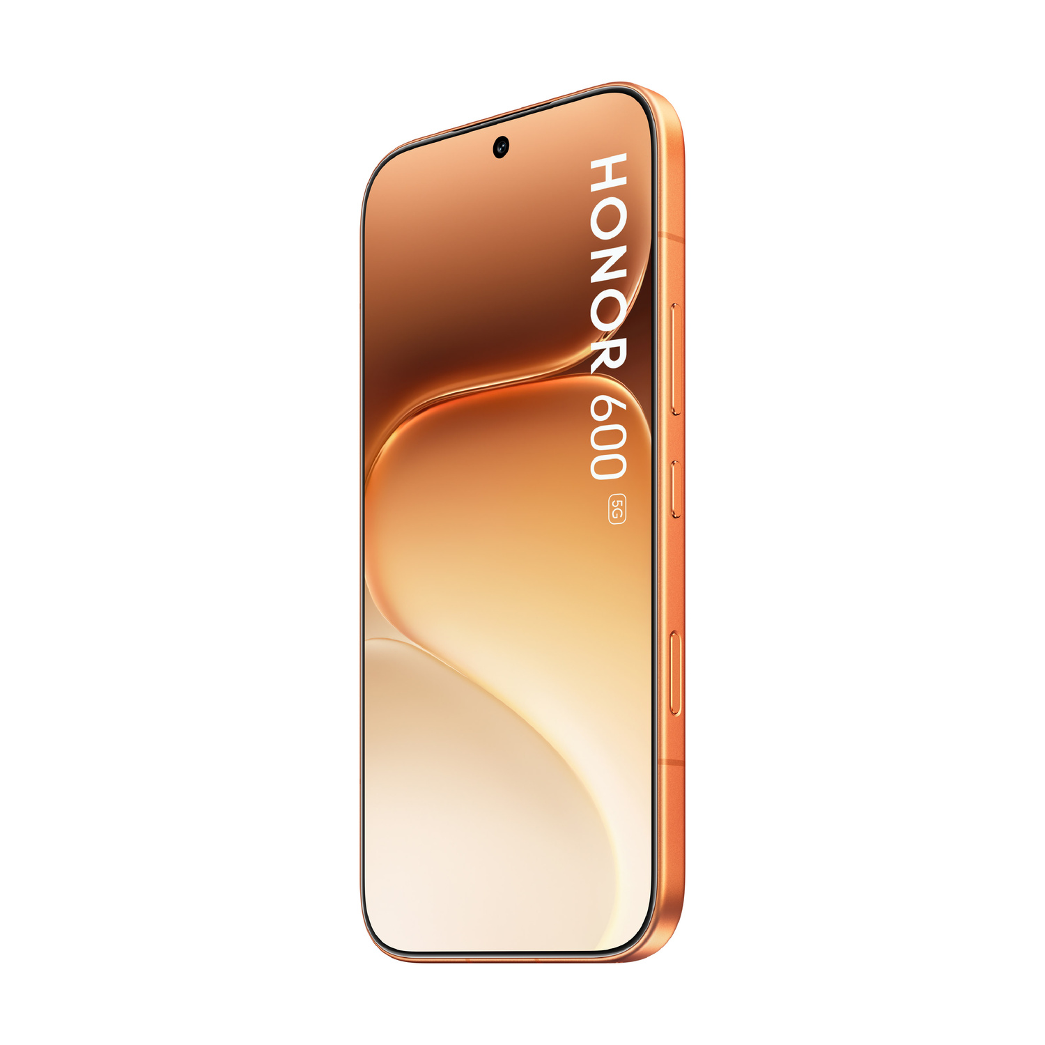 Uno smartphone Honor 600 5G arancione con angoli arrotondati e foro per fotocamera.