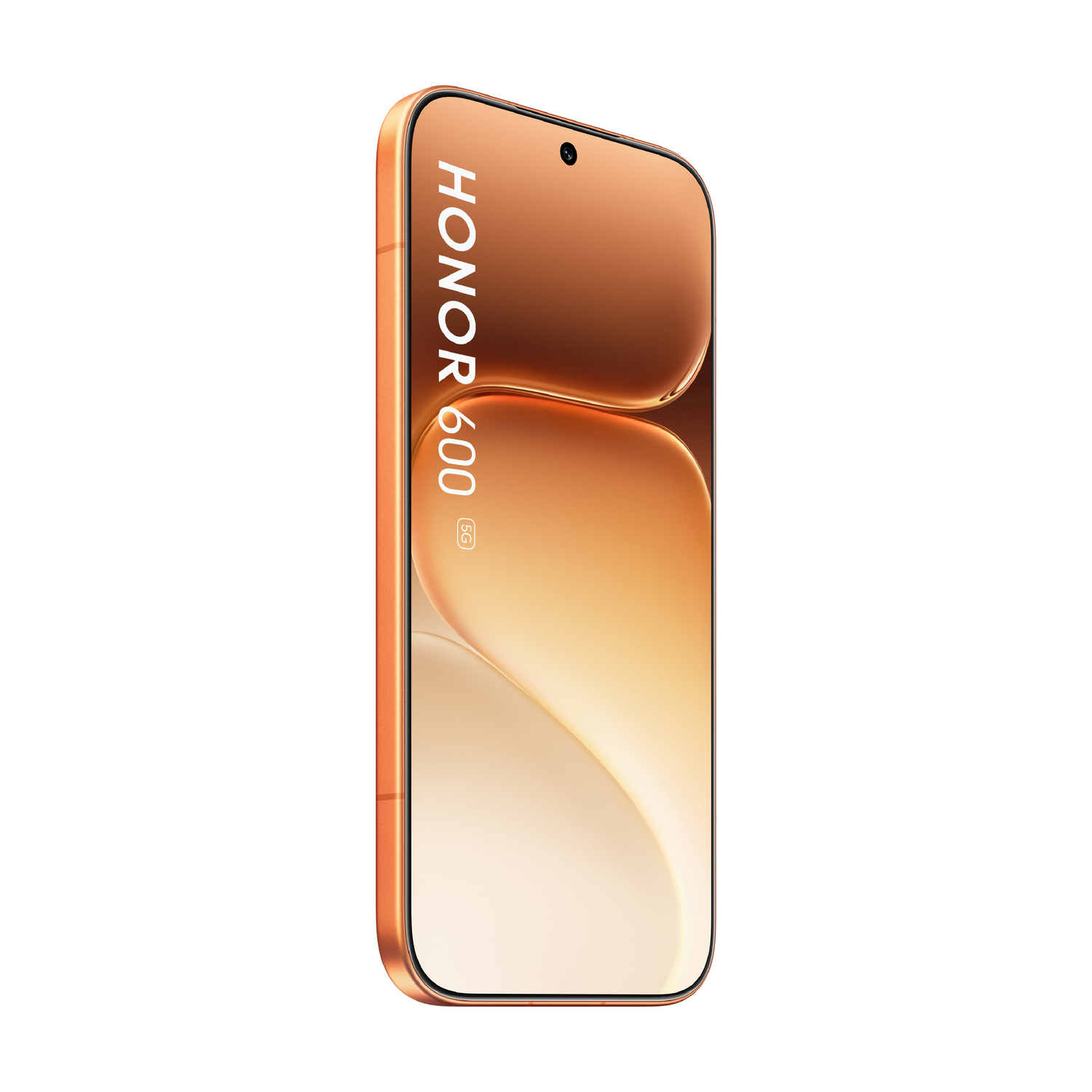 Uno smartphone Honor 600 5G arancione con sfondo stilizzato.