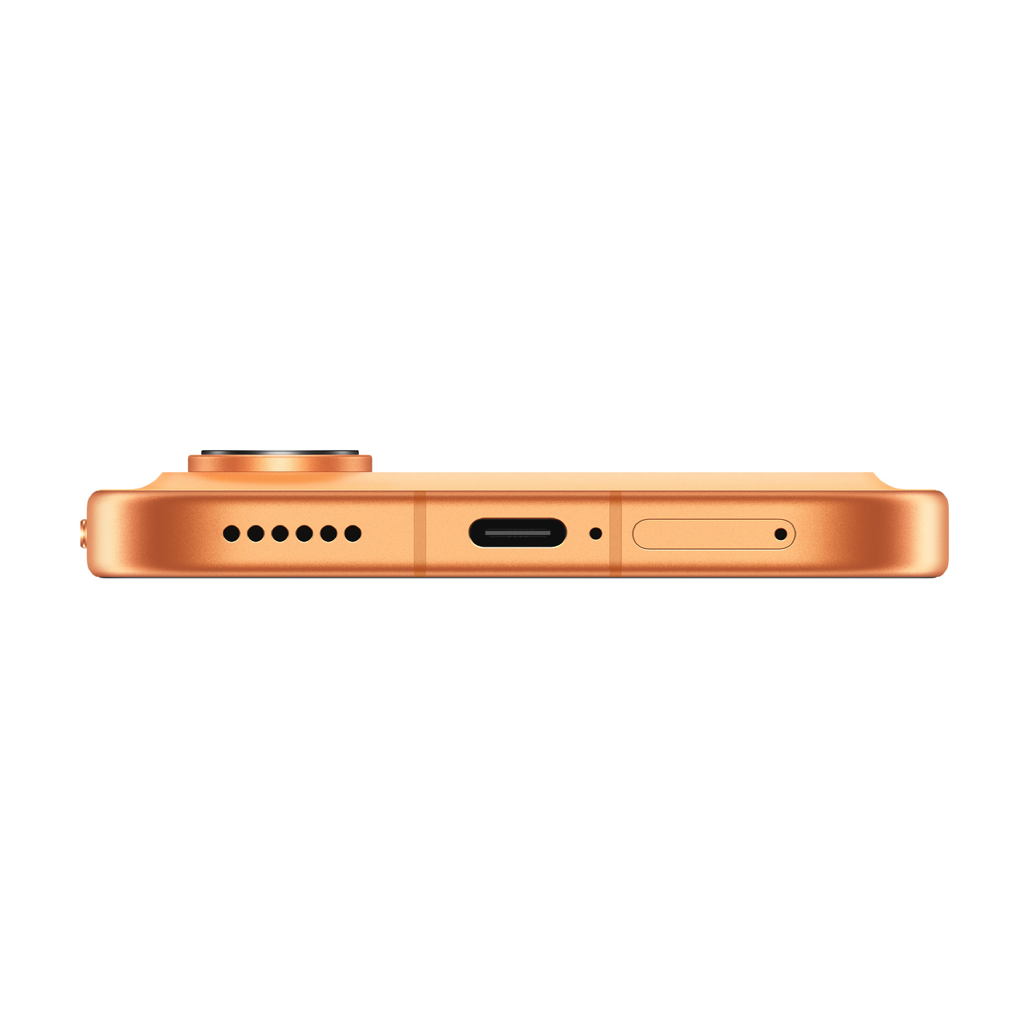 Vista inferiore di uno smartphone arancione con porta di ricarica e fori dell'altoparlante.