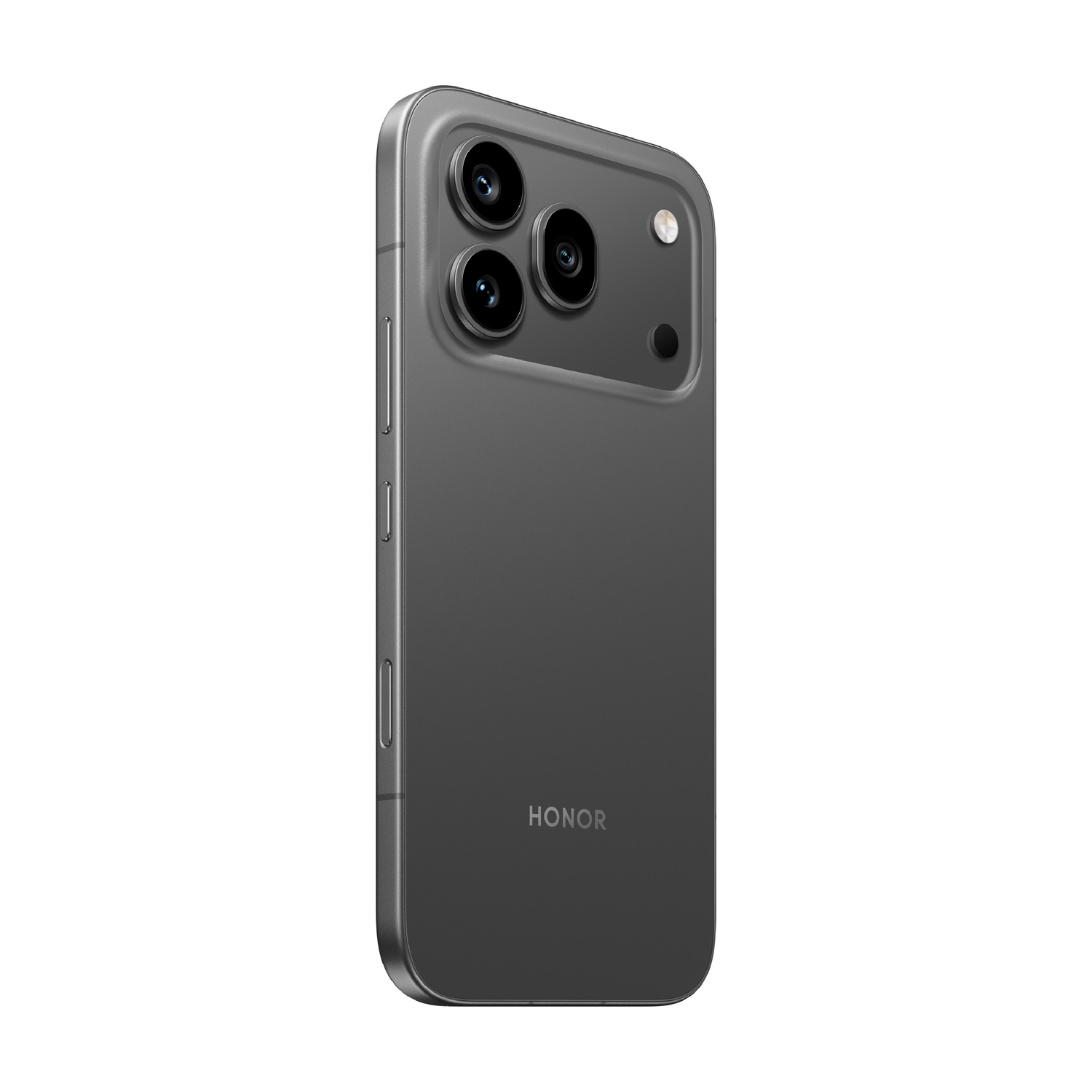 Smartphone Honor grigio con tripla fotocamera e flash sul retro.