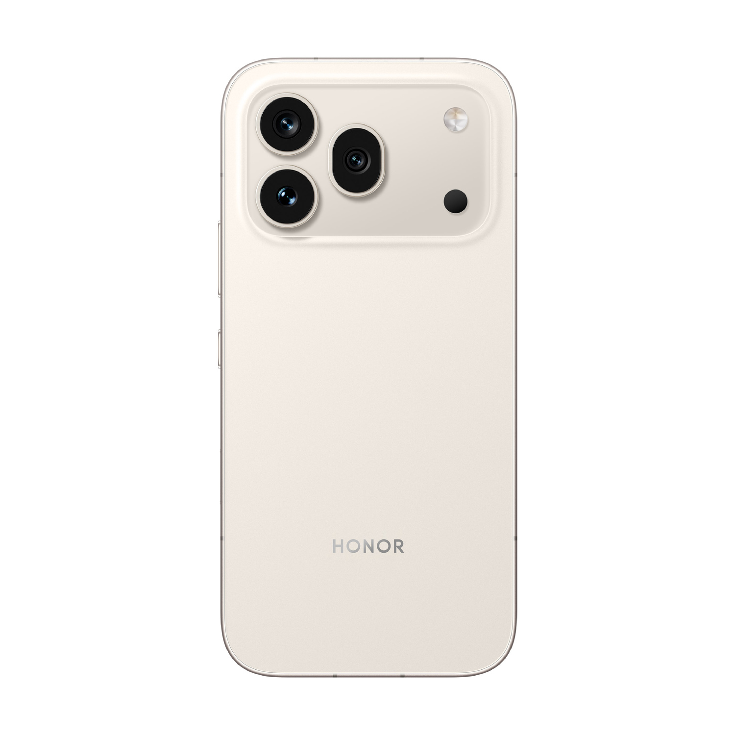 Uno smartphone Honor beige chiaro visto da dietro, con tre fotocamere e flash.