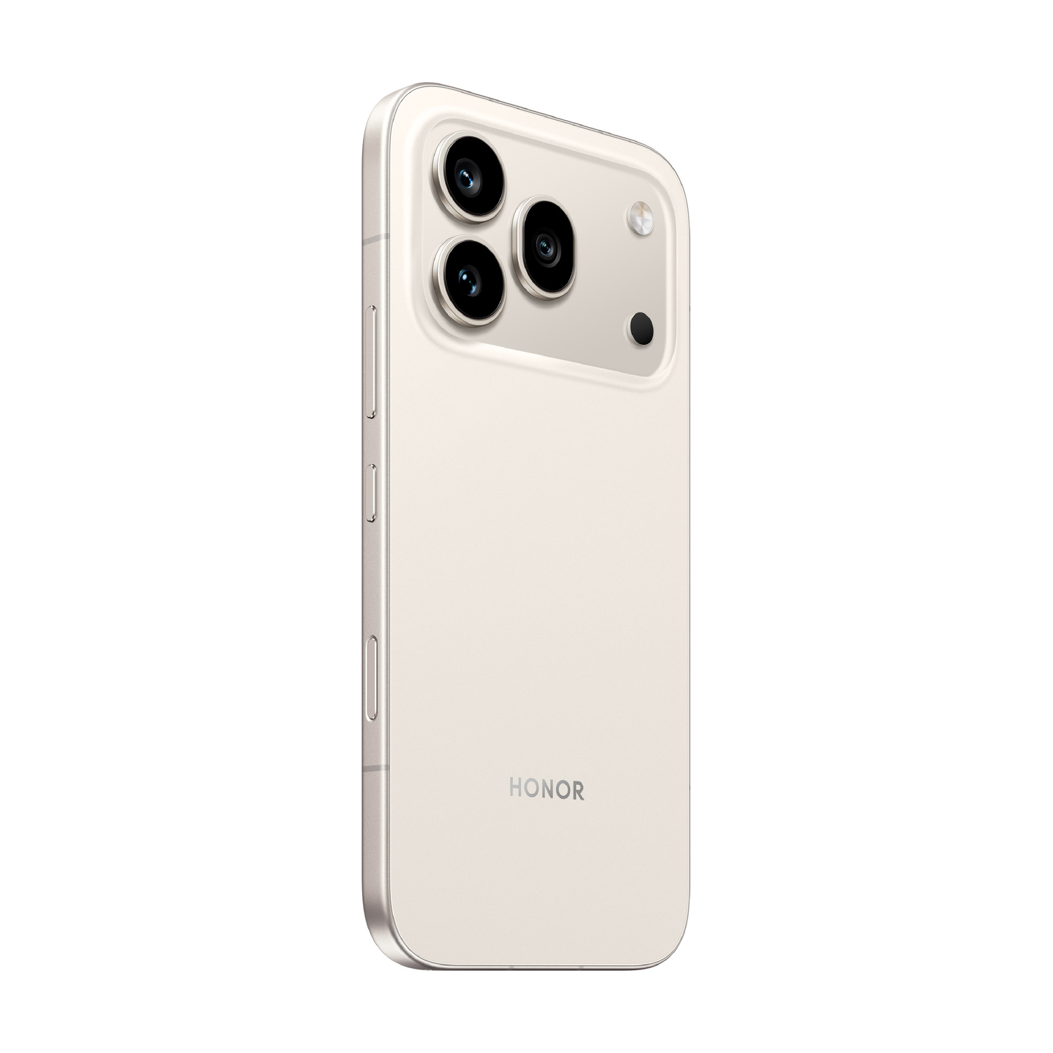 Uno smartphone Honor beige chiaro con tre obiettivi posteriori.
