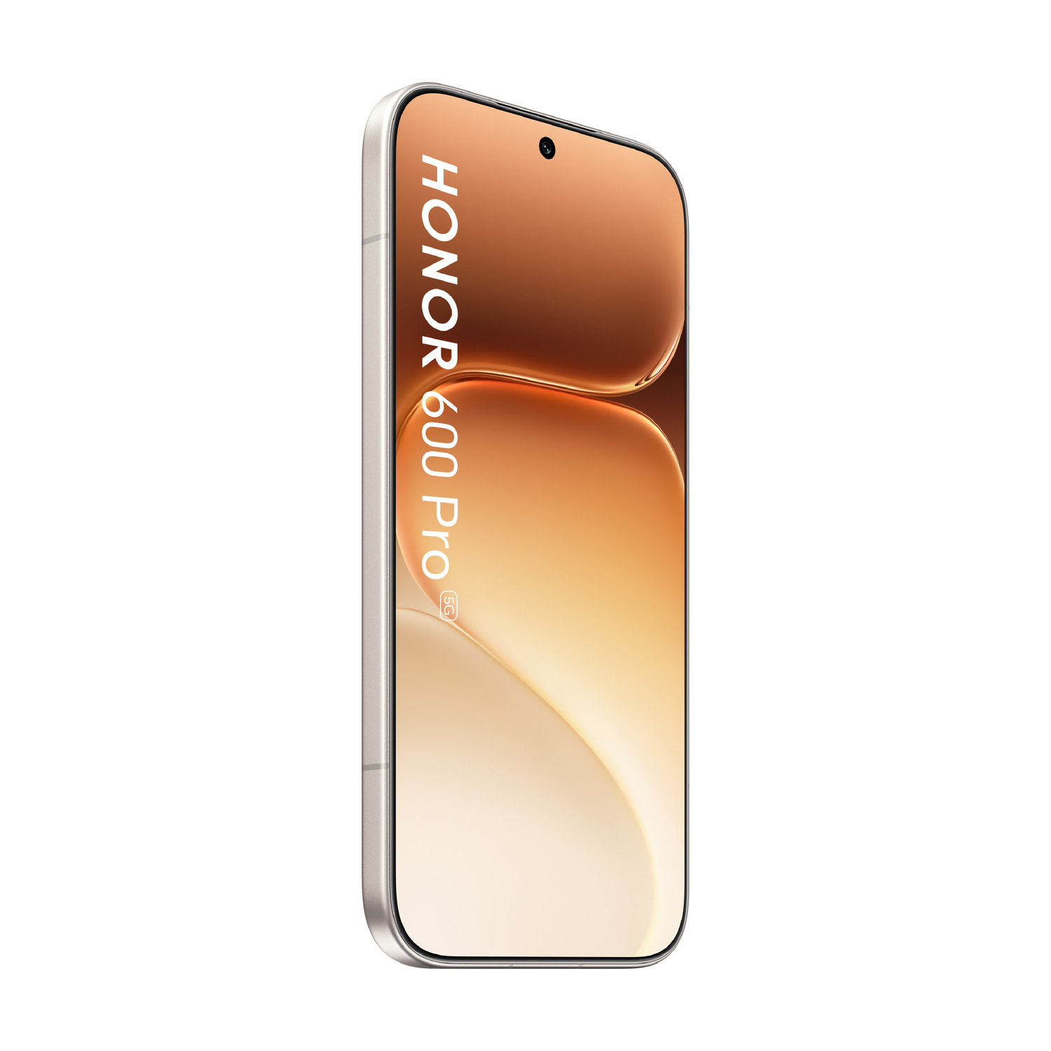 Uno smartphone Honor 60 Pro 5G argentato con sfondo arancione.