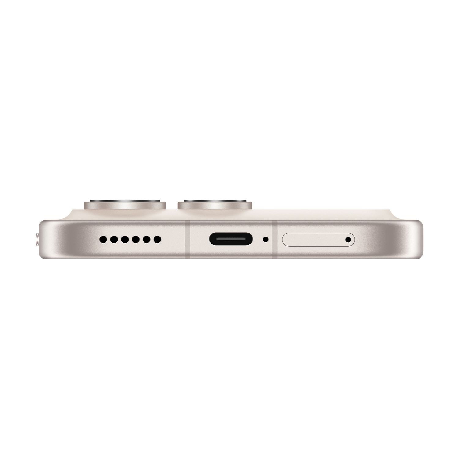 Primo piano del fondo di uno smartphone chiaro, con porta USB-C e griglia altoparlante.