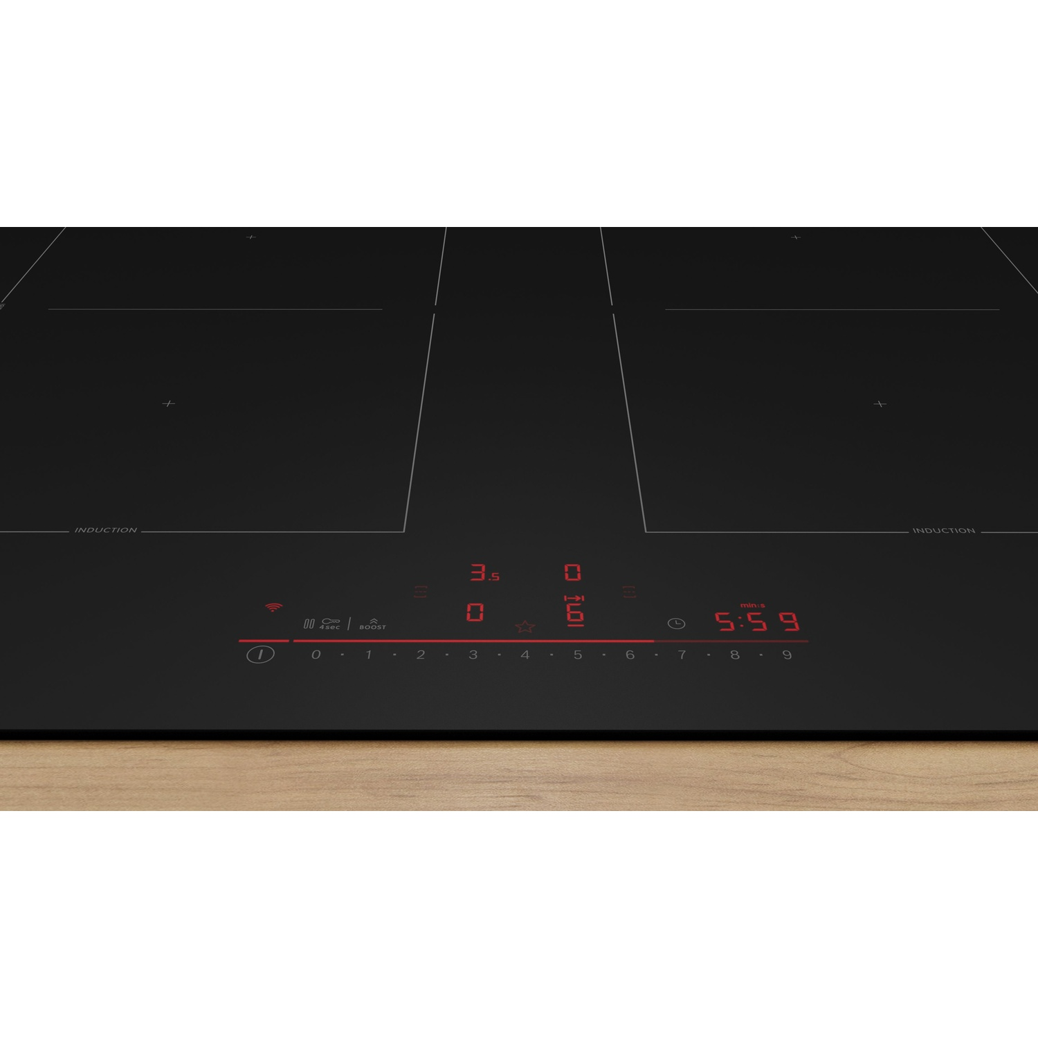 Piano cottura a induzione nero con display digitale rosso e numeri da 0 a 9.