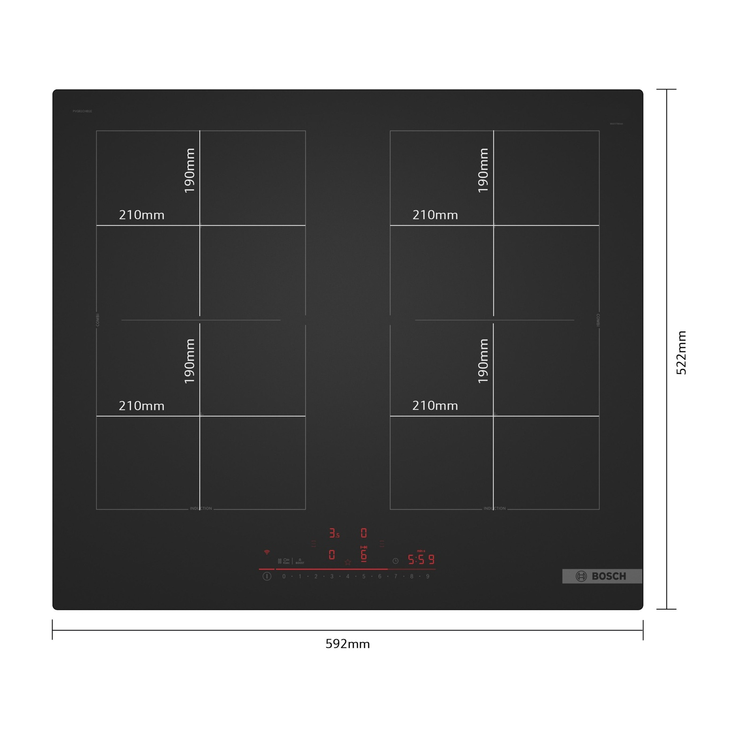 Piano cottura a induzione nero con quattro zone cottura e pannello touch.