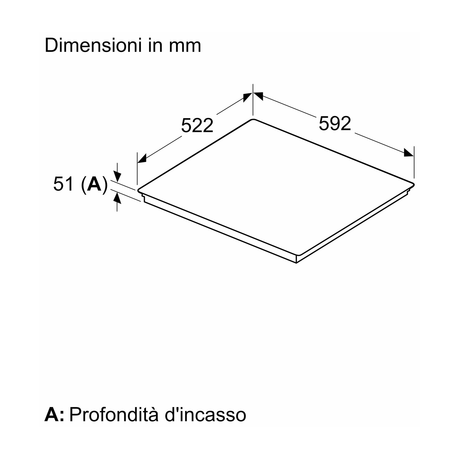 Disegno tecnico con dimensioni 522mm, 592mm e 51mm profondità incasso.