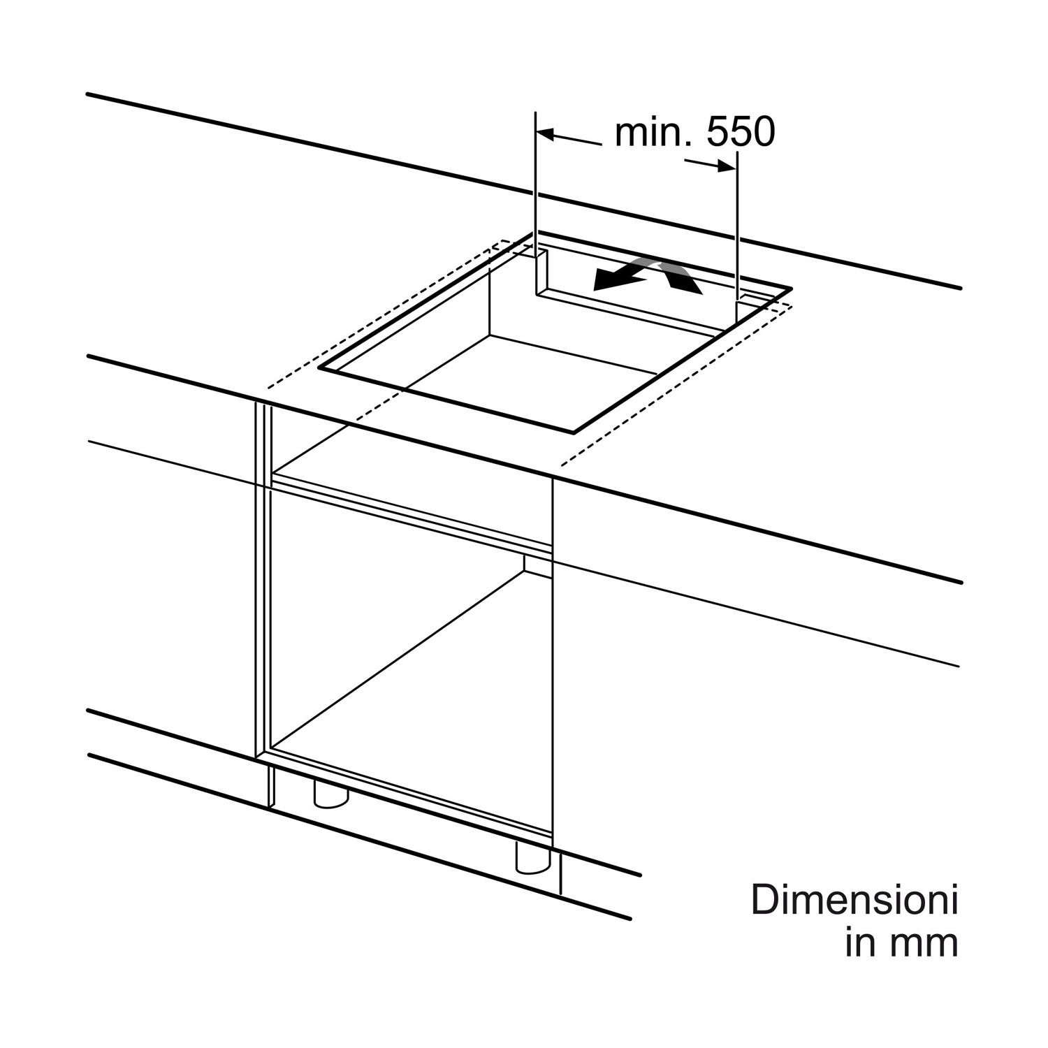 Disegno di installazione di un piano cottura, dimensione minima 550 mm.
