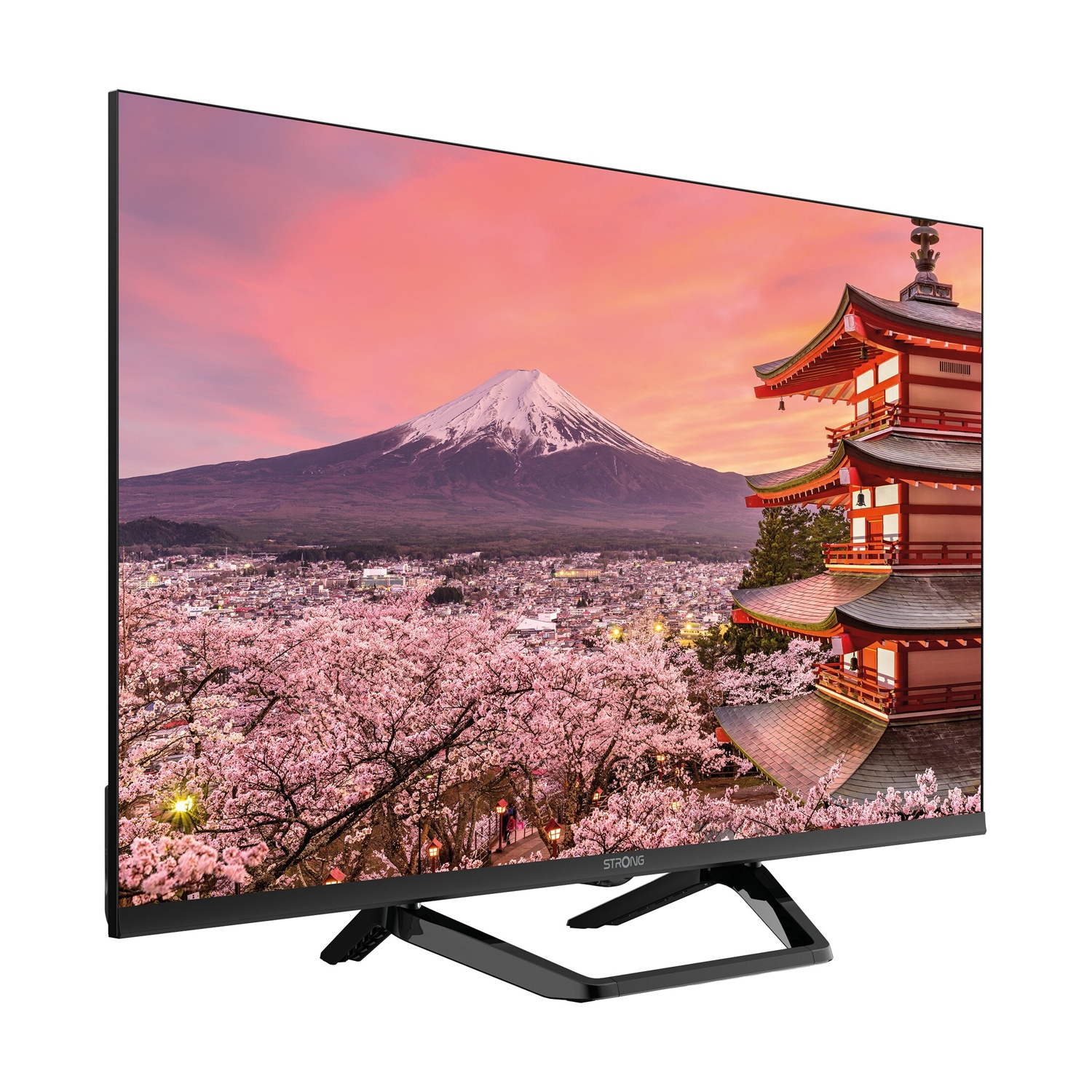 Una TV mostra un'immagine del Monte Fuji, una pagoda e fiori di ciliegio.