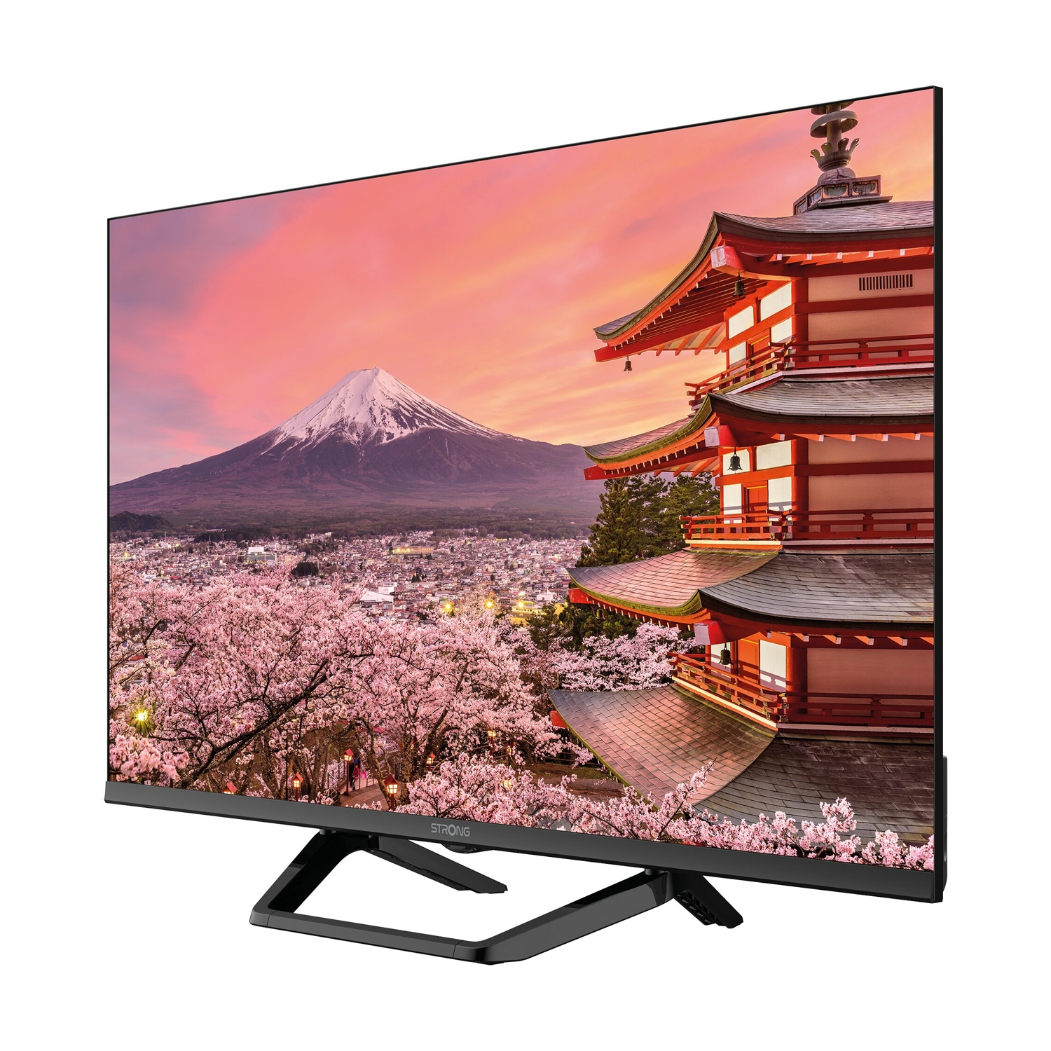 Una TV mostra una vista panoramica del Monte Fuji, fiori di ciliegio e una pagoda.