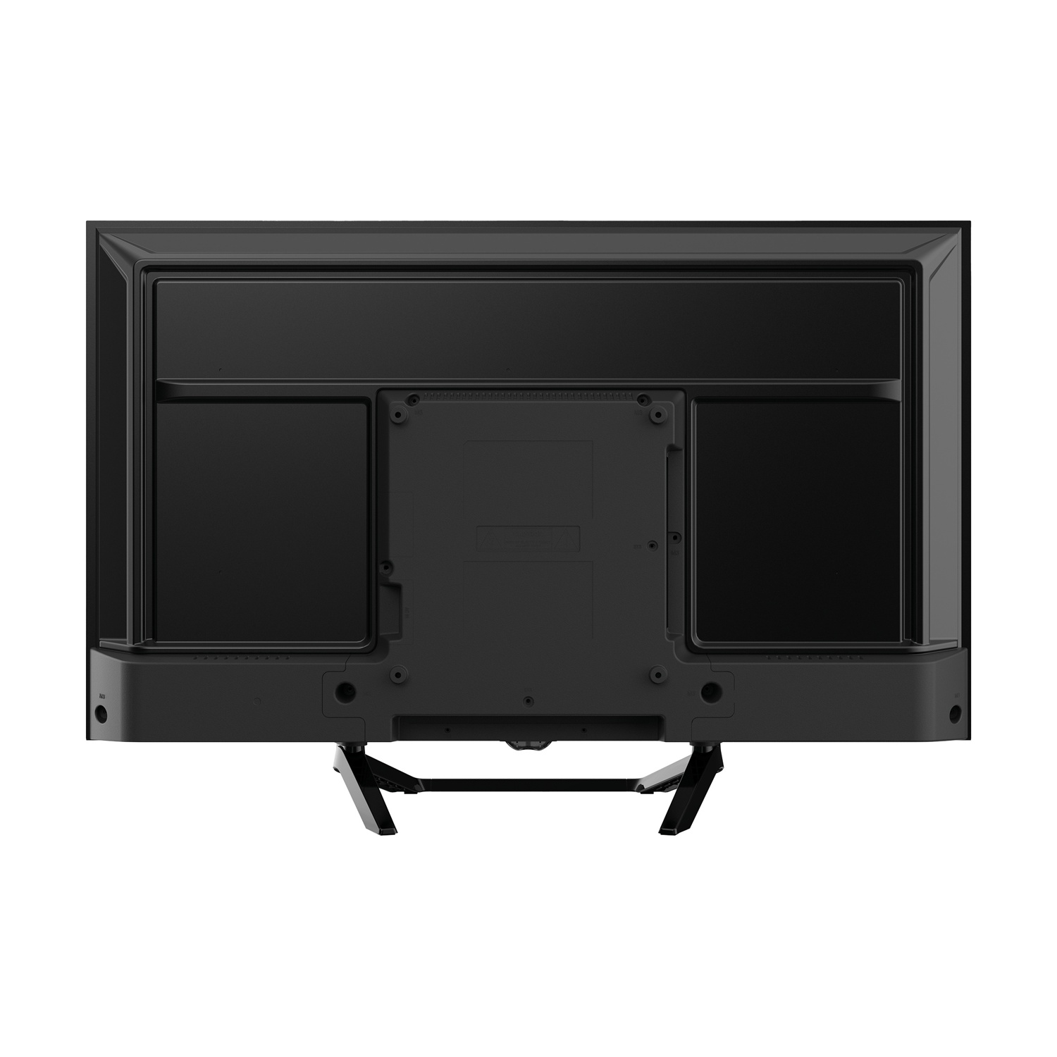 Vista posteriore di un televisore nero con supporto.