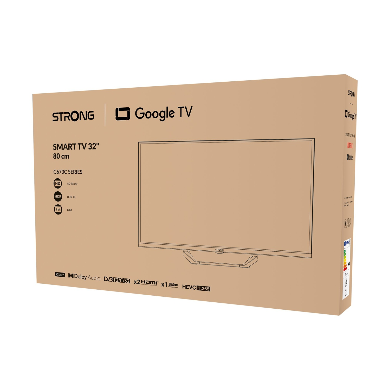 Scatola di uno Smart TV STRONG da 32 pollici con Google TV, modello G673C.