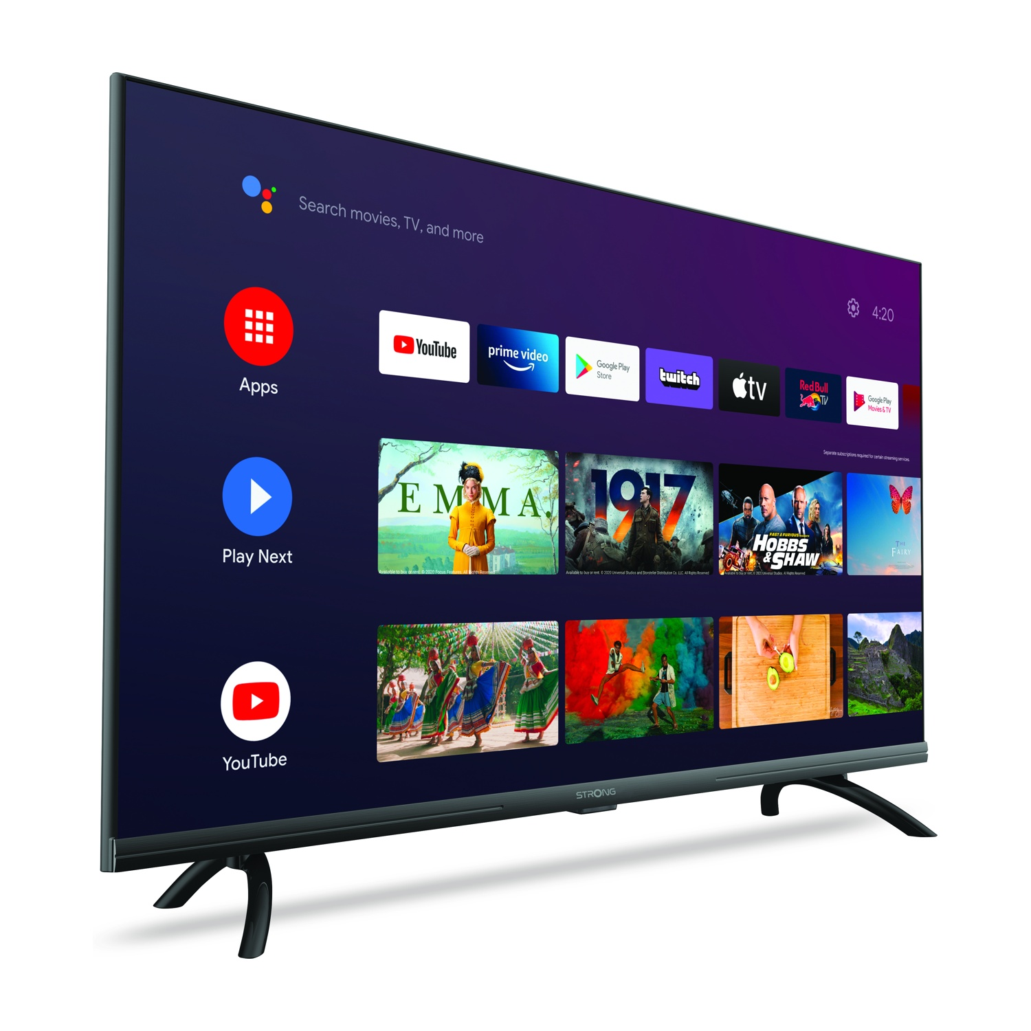 Un televisore moderno che visualizza una schermata iniziale di Android TV con app e film.