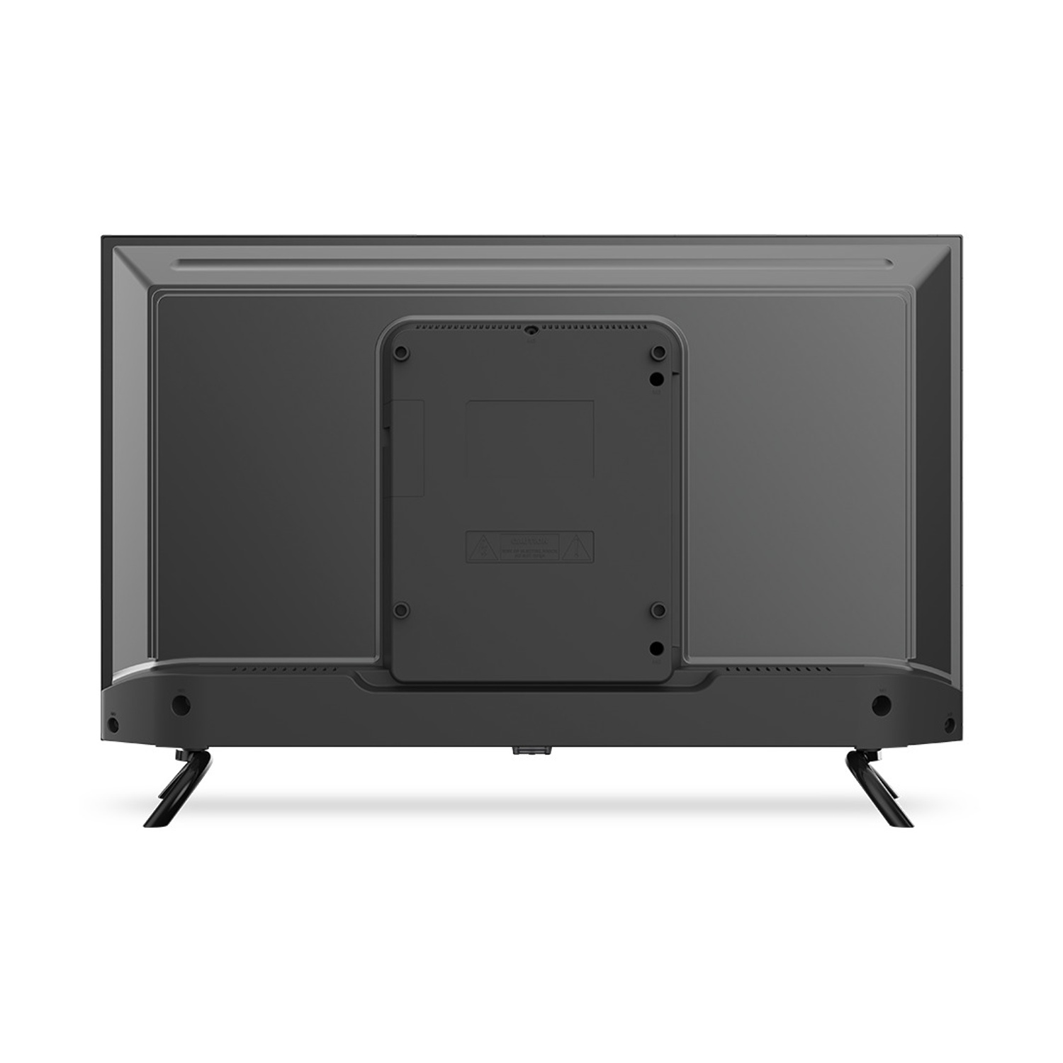 Retro di una TV nera con due piedini su sfondo bianco.