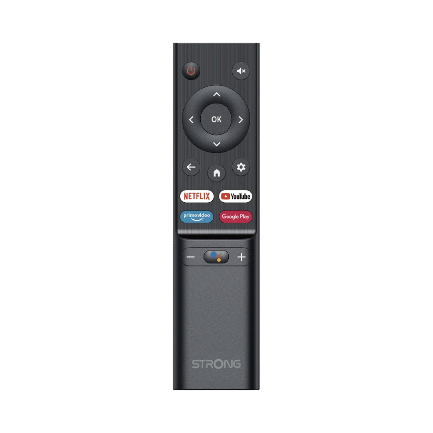 Un telecomando grigio con pulsanti Netflix, YouTube e Google Play.