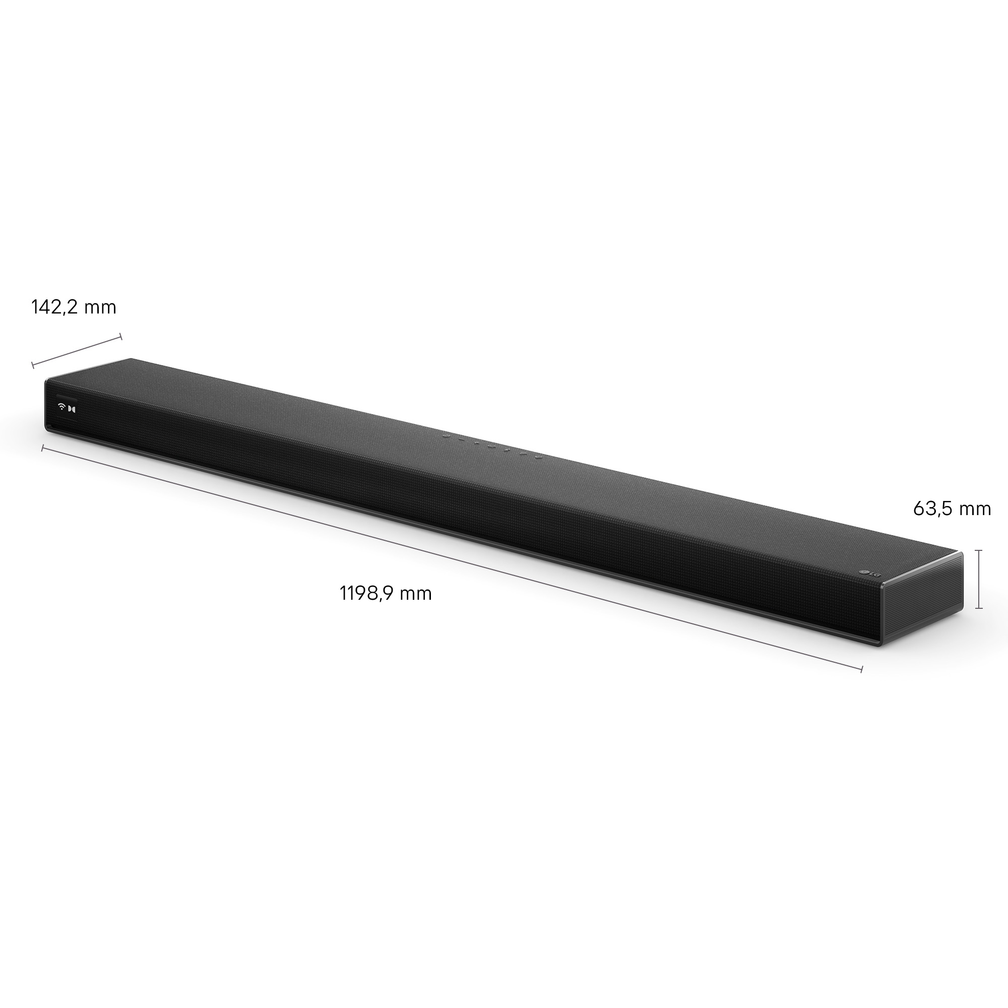 Barra de sonido negra con dimensiones de 1198,9 x 142,2 x 63,5 mm.