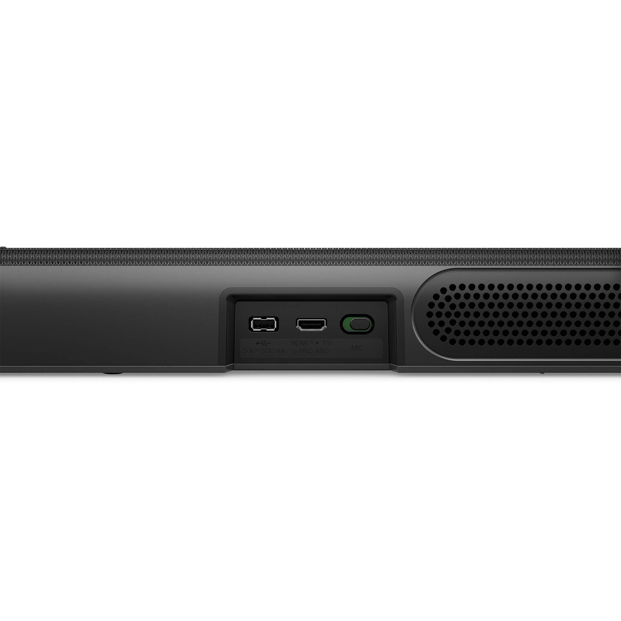 Parte trasera de una barra de sonido negra con puertos USB, HDMI y micrófono.