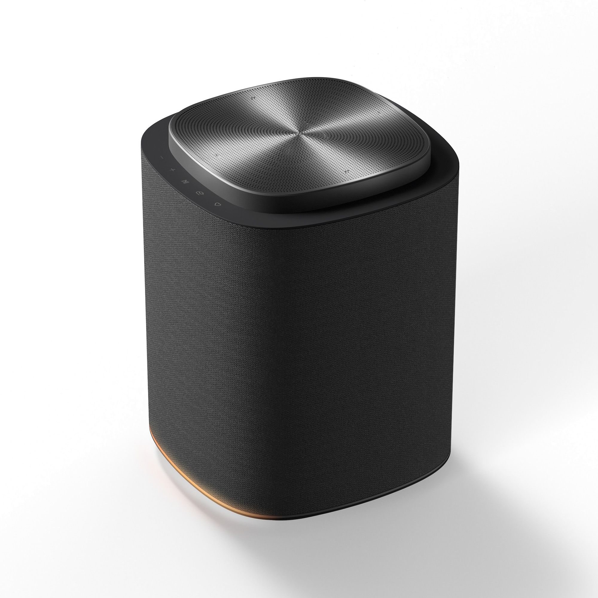 Altavoz negro con base metálica y borde iluminado.