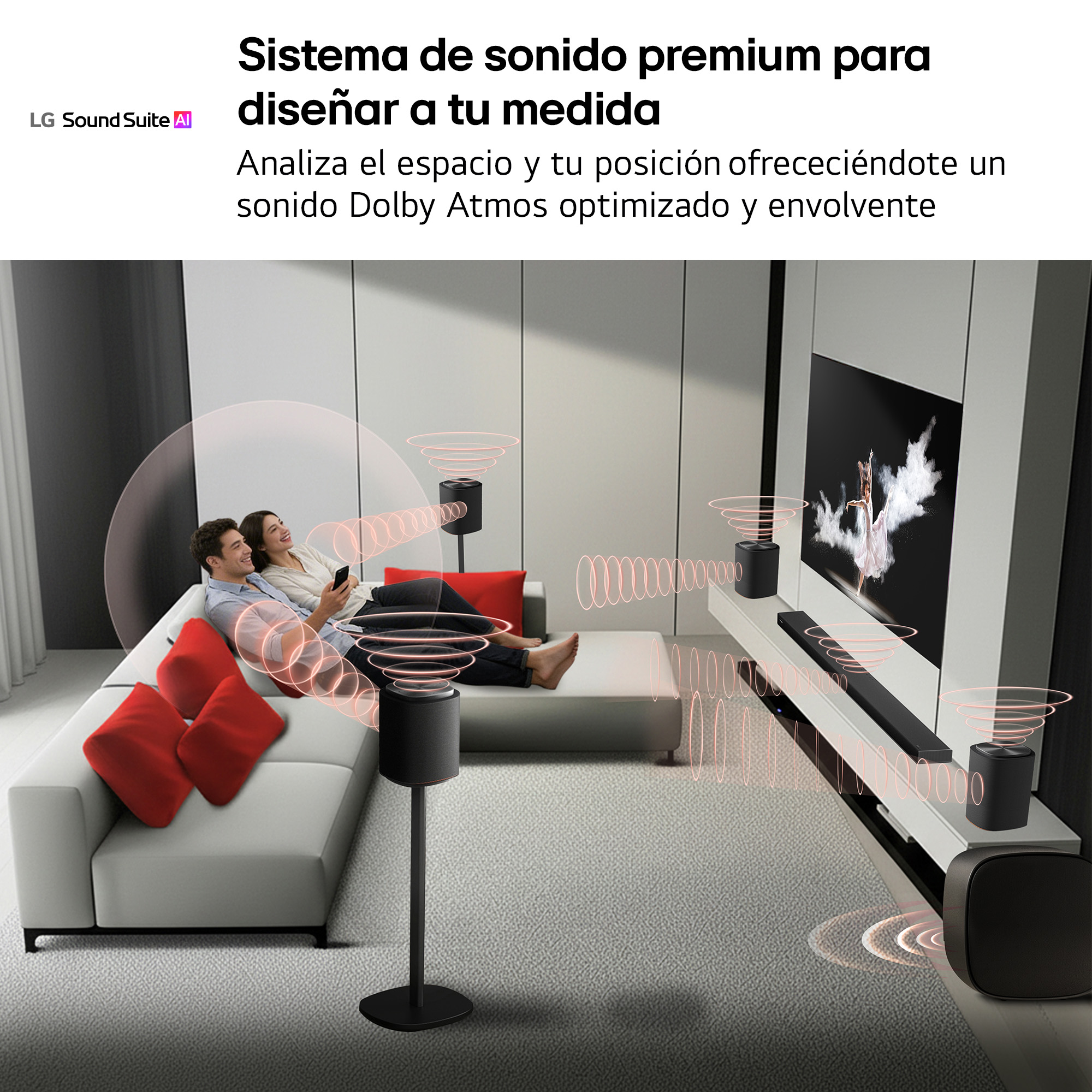 Sistema de sonido premium para diseñar a tu medida. Analiza el espacio y tu posición ofreciéndote un sonido Dolby Atmos optimizado y envolvente.