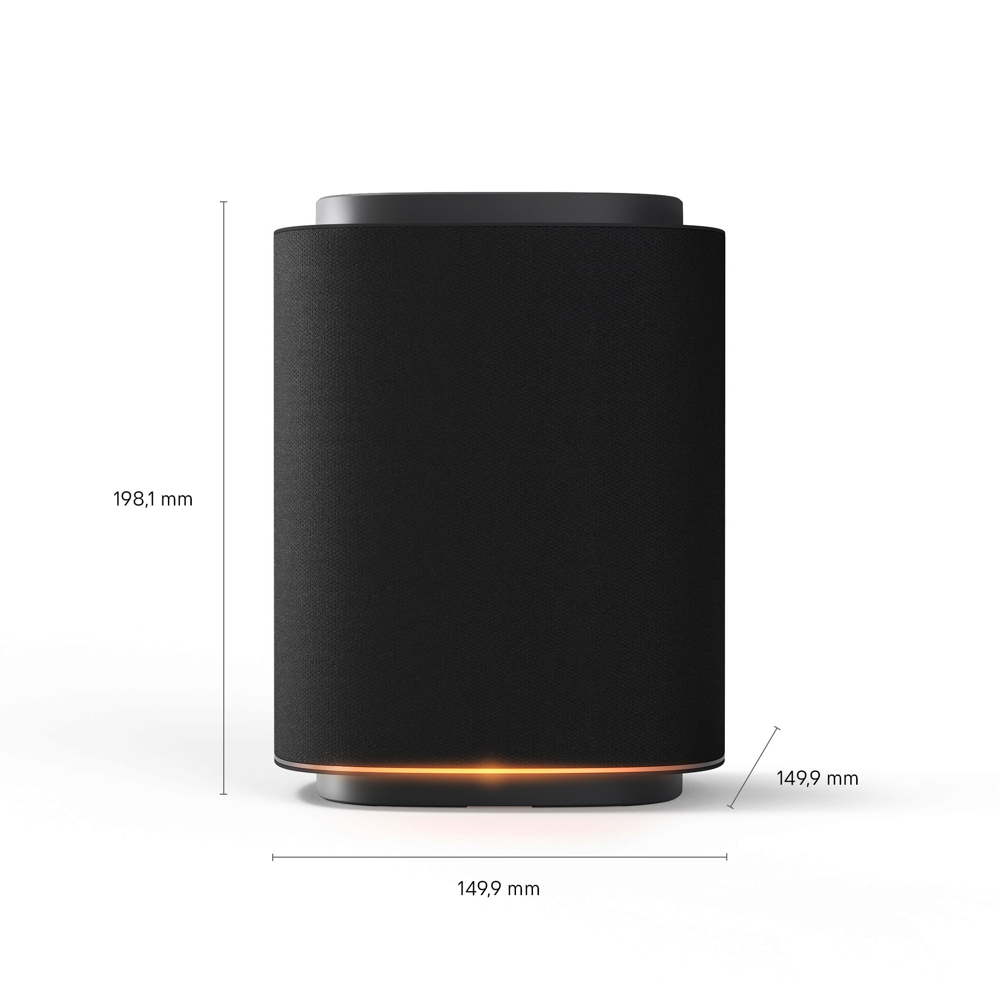 Altavoz cilíndrico negro con acento de cobre y luz en la base.