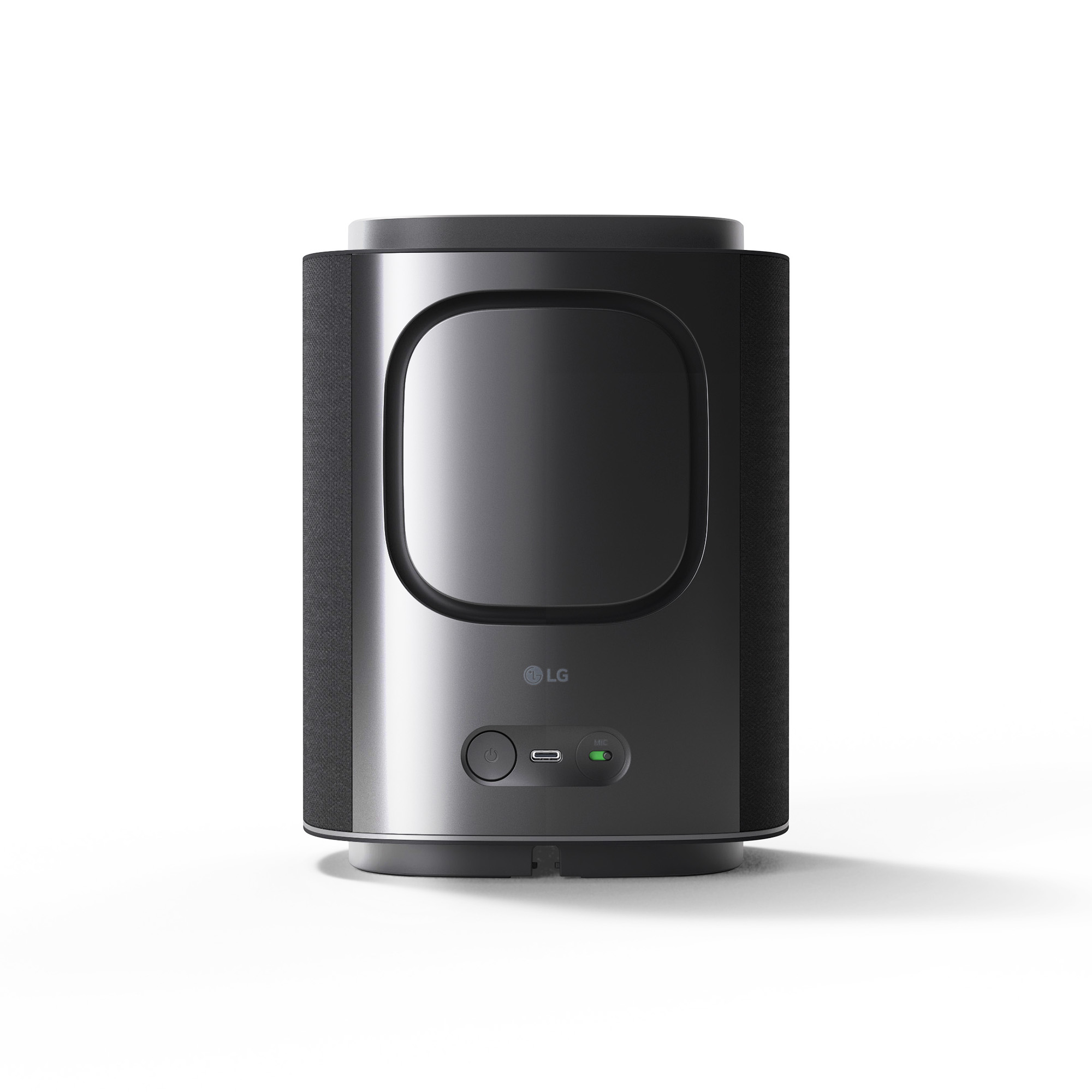 Altavoz LG negro con brillo metálico y laterales de tela.