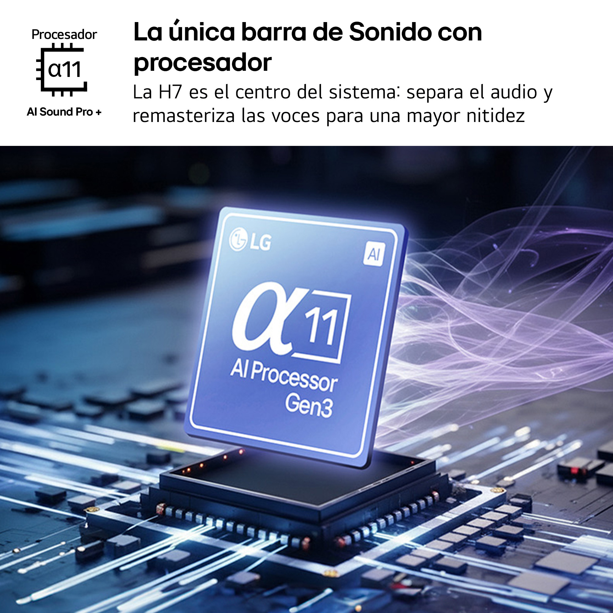 La única barra de Sonido con procesador. La H7 es el centro del sistema: separa el audio y remasteriza las voces para una mayor nitidez.