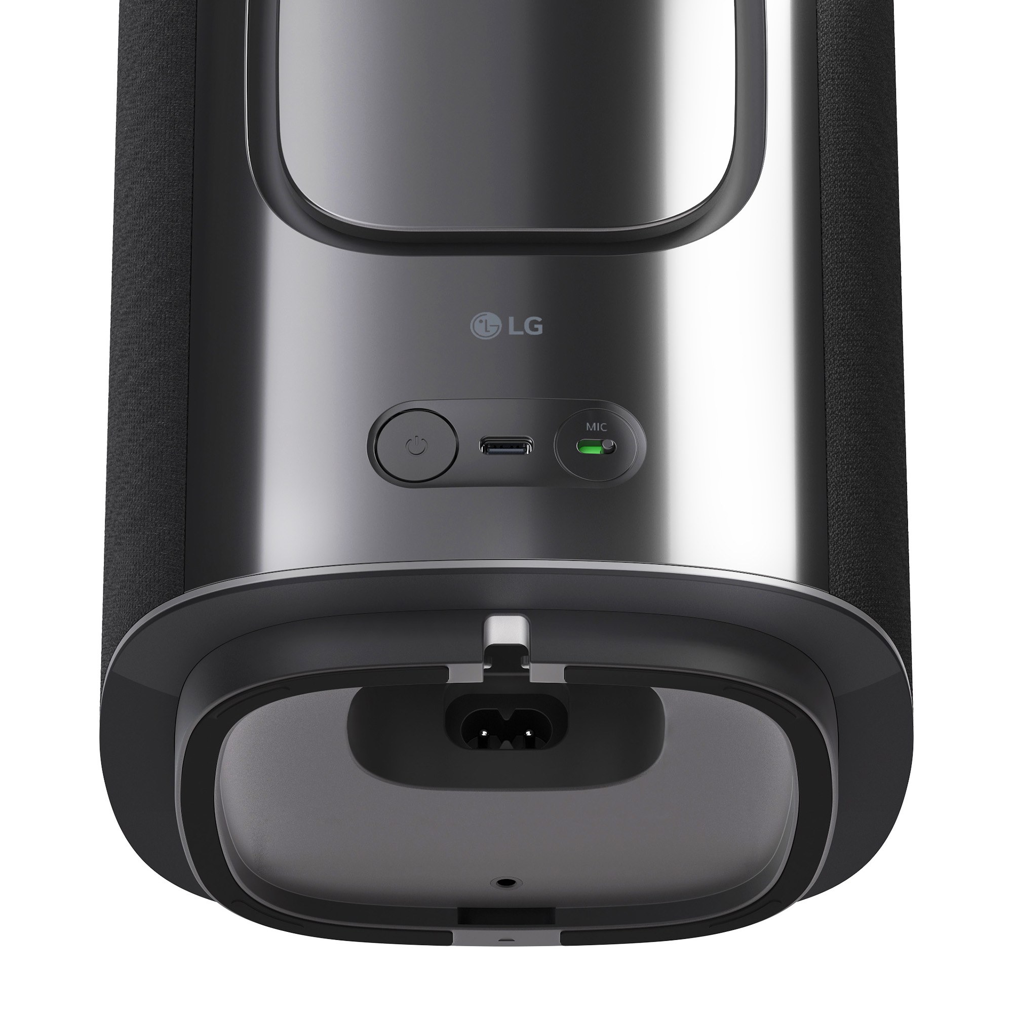 Altavoz LG negro con puertos y toma de corriente.