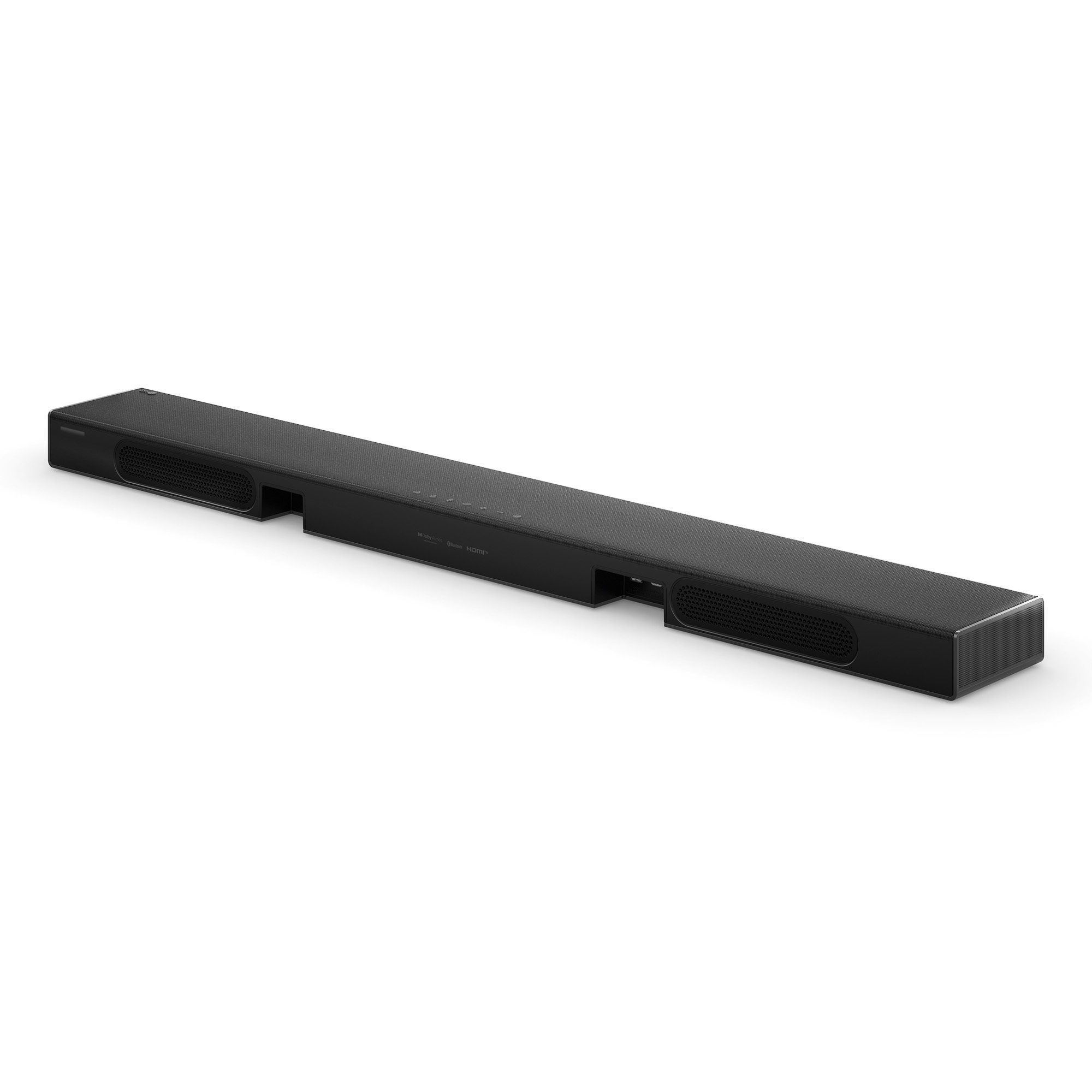 Barra de sonido delgada negra con rejillas de altavoz en los extremos.