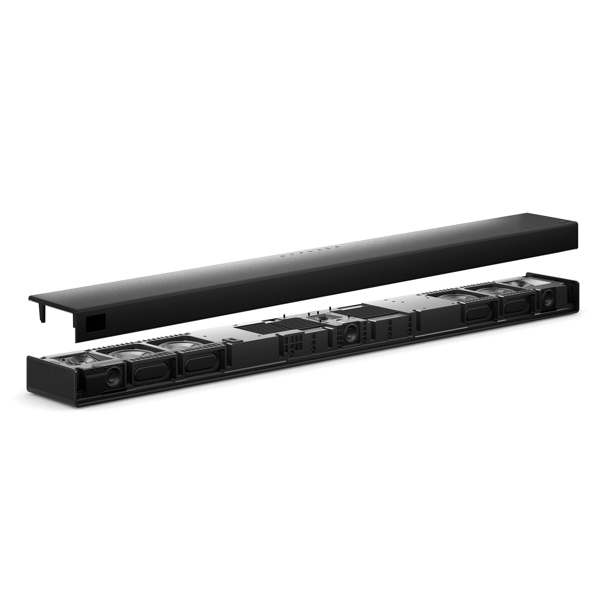 Vista explosionada de una barra de sonido negra, mostrando altavoces internos y componentes.