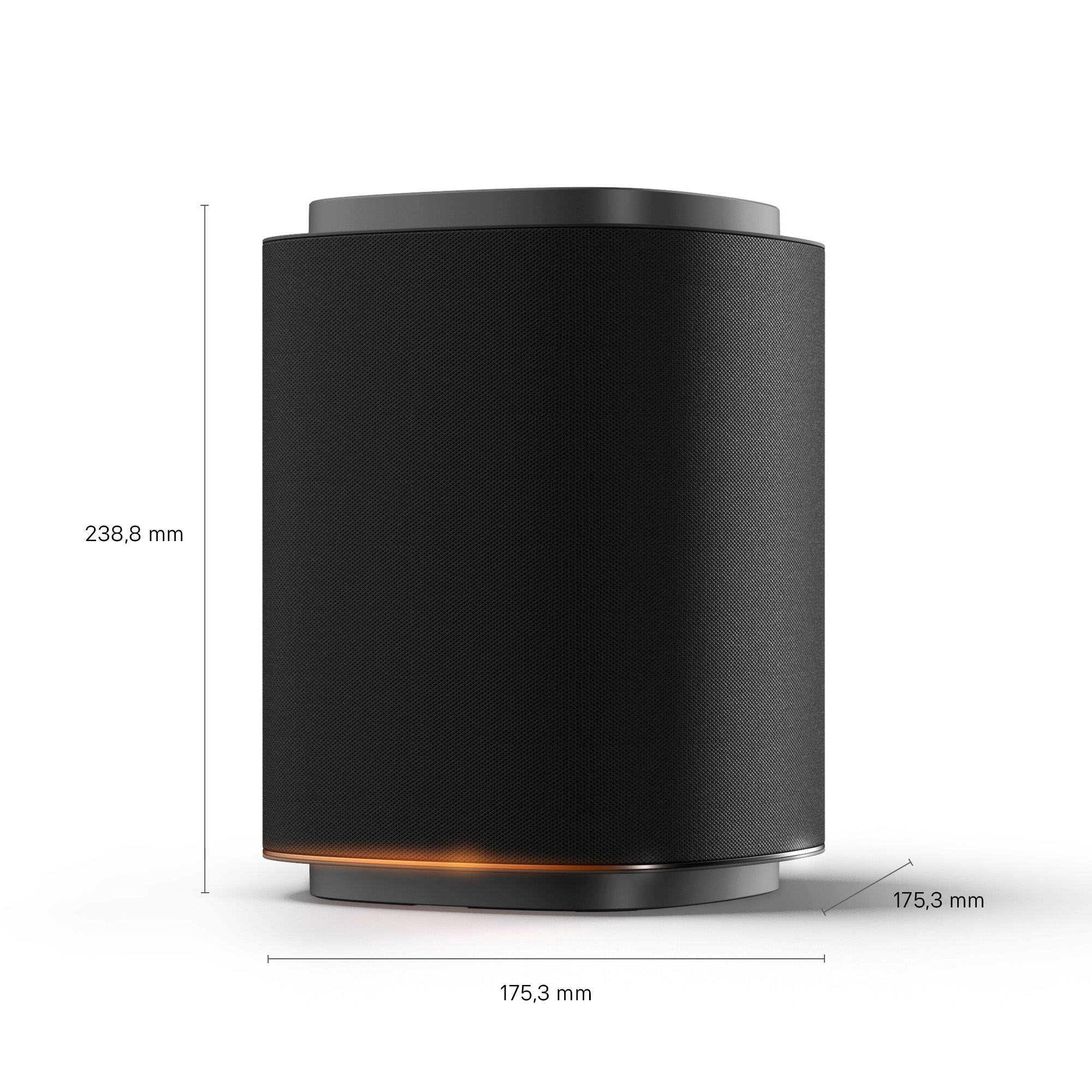 Altavoz cilíndrico negro con base iluminada y dimensiones.