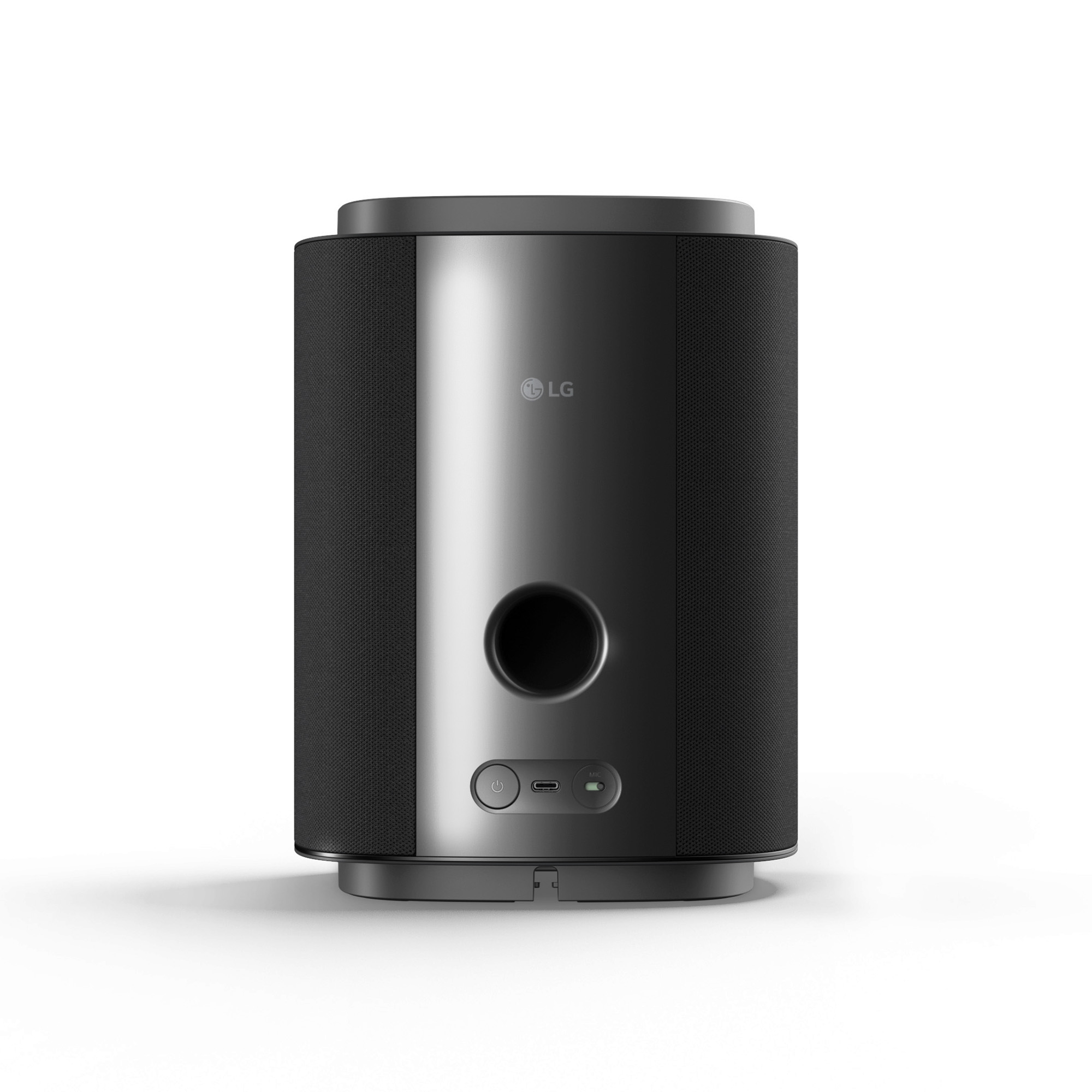 Altavoz LG negro con bordes redondeados y panel central plateado.