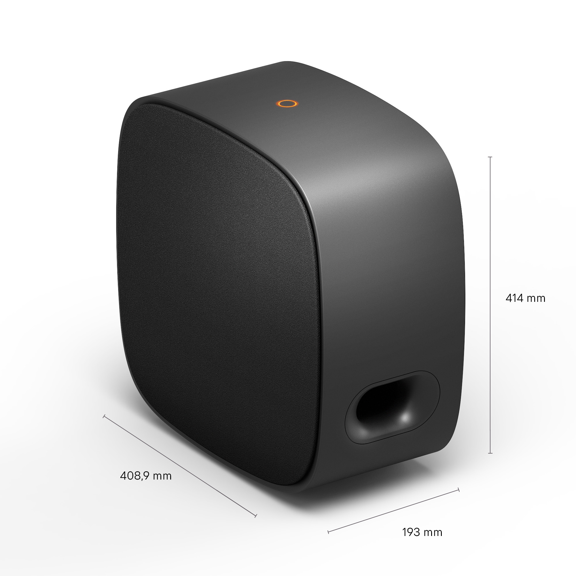 Altavoz negro con luz naranja, dimensiones 414x408,9x193 mm.