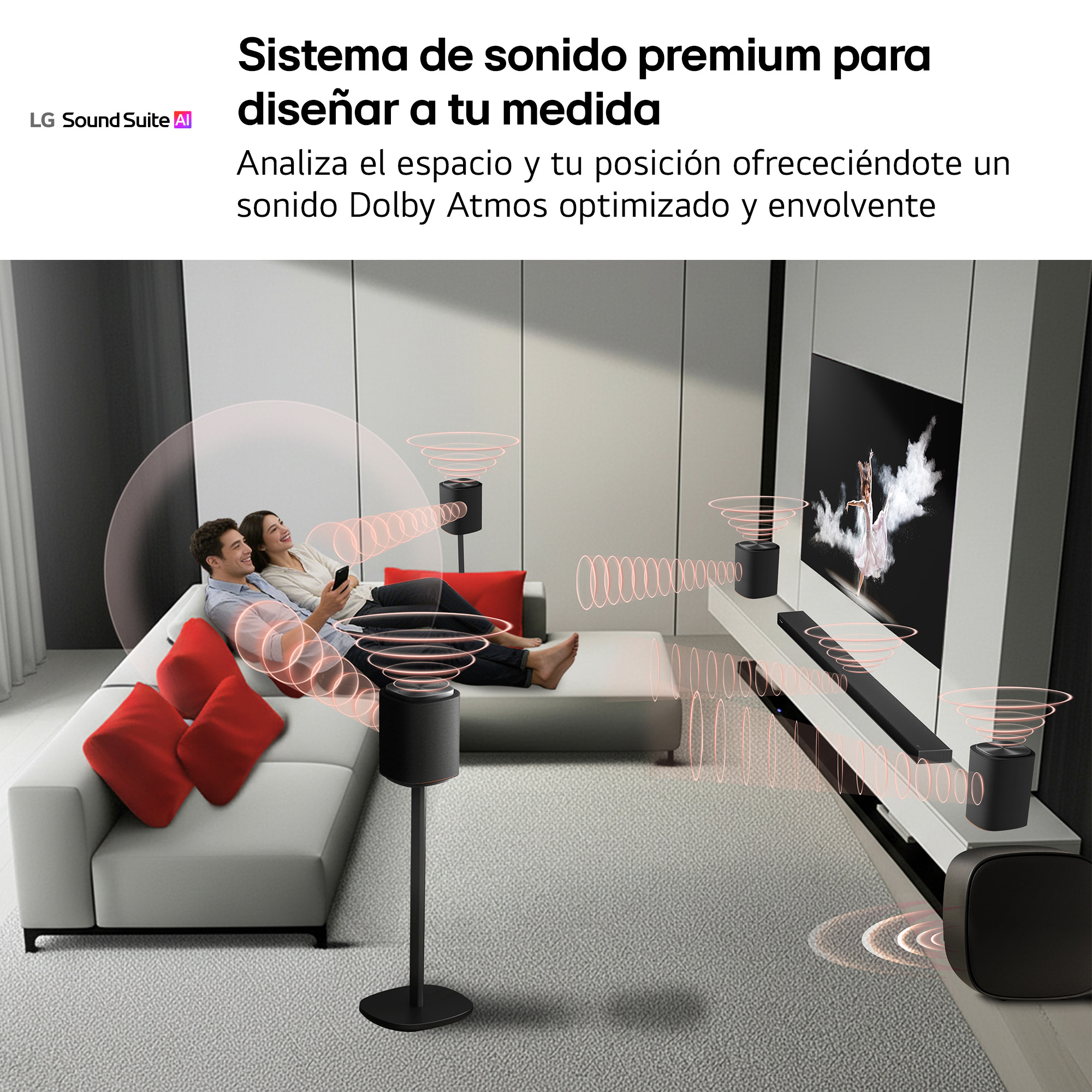 Sistema de sonido premium para diseñar a tu medida. Analiza el espacio y tu posición ofreciéndote un sonido Dolby Atmos optimizado y envolvente.